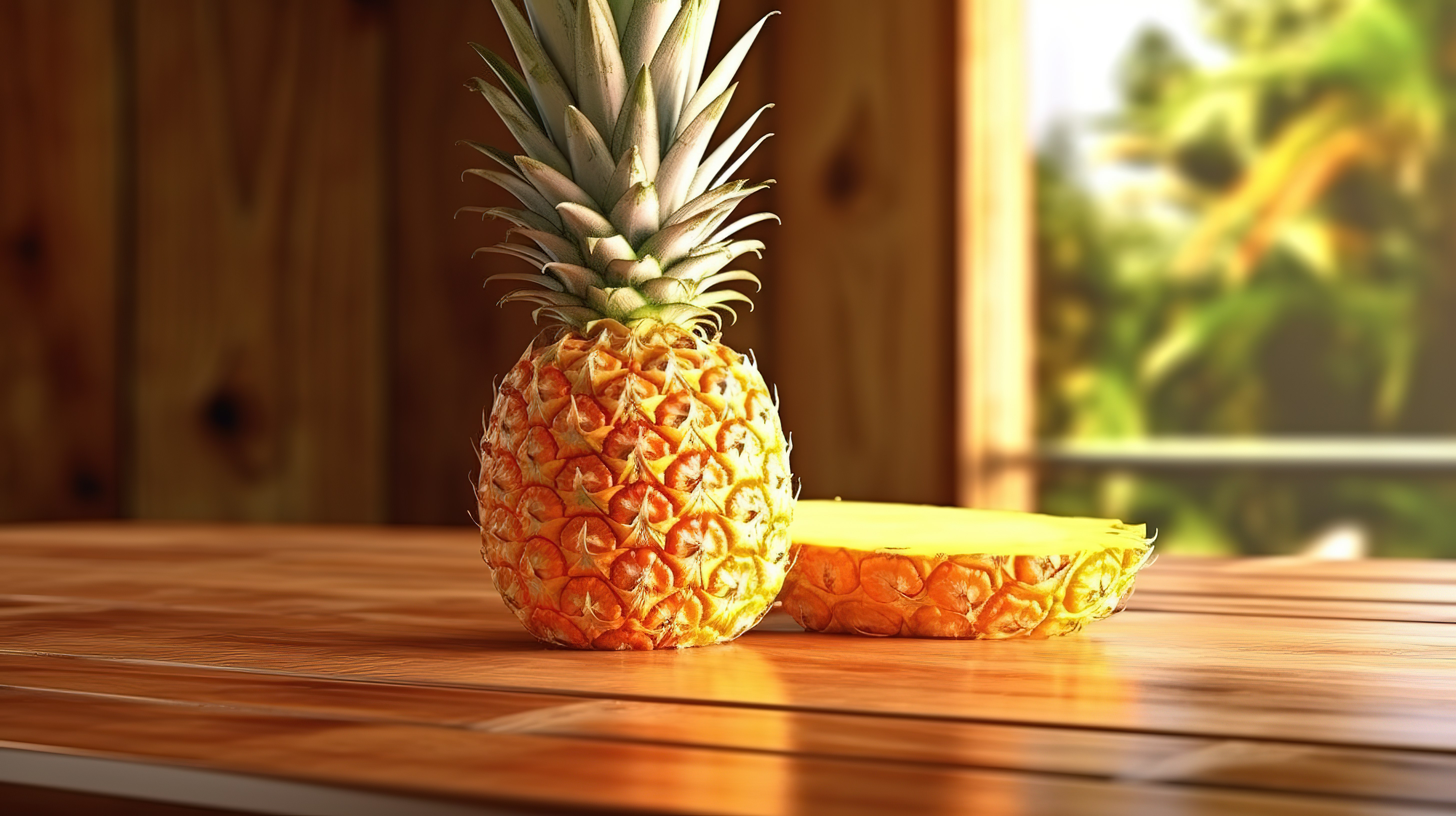 多汁甘美的菠萝注入热带氛围，木桌上的 3D 渲染图片