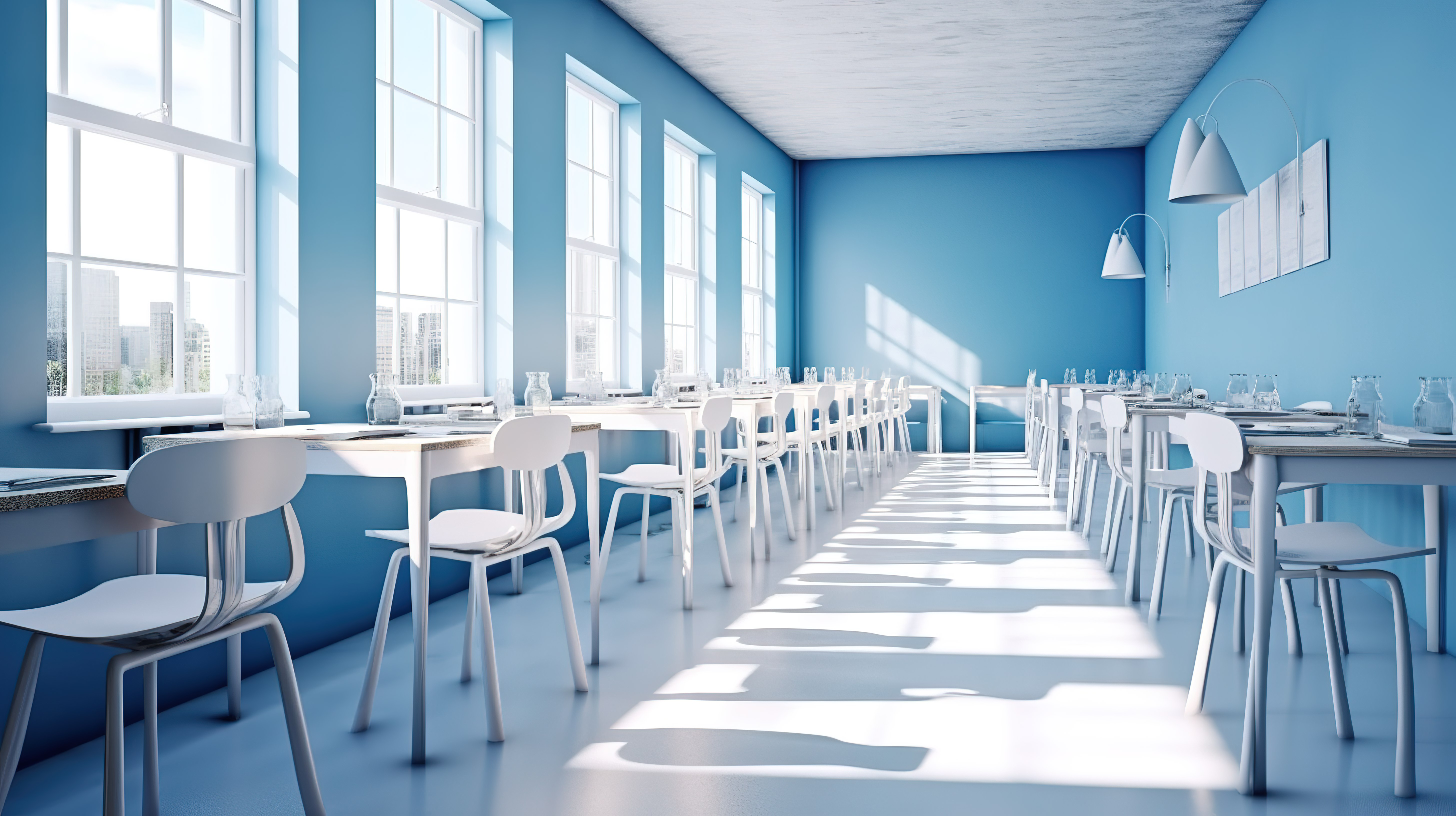 阳光明媚的教室，蓝色的墙壁，窗边一排排白色的桌椅 3D 渲染图像图片