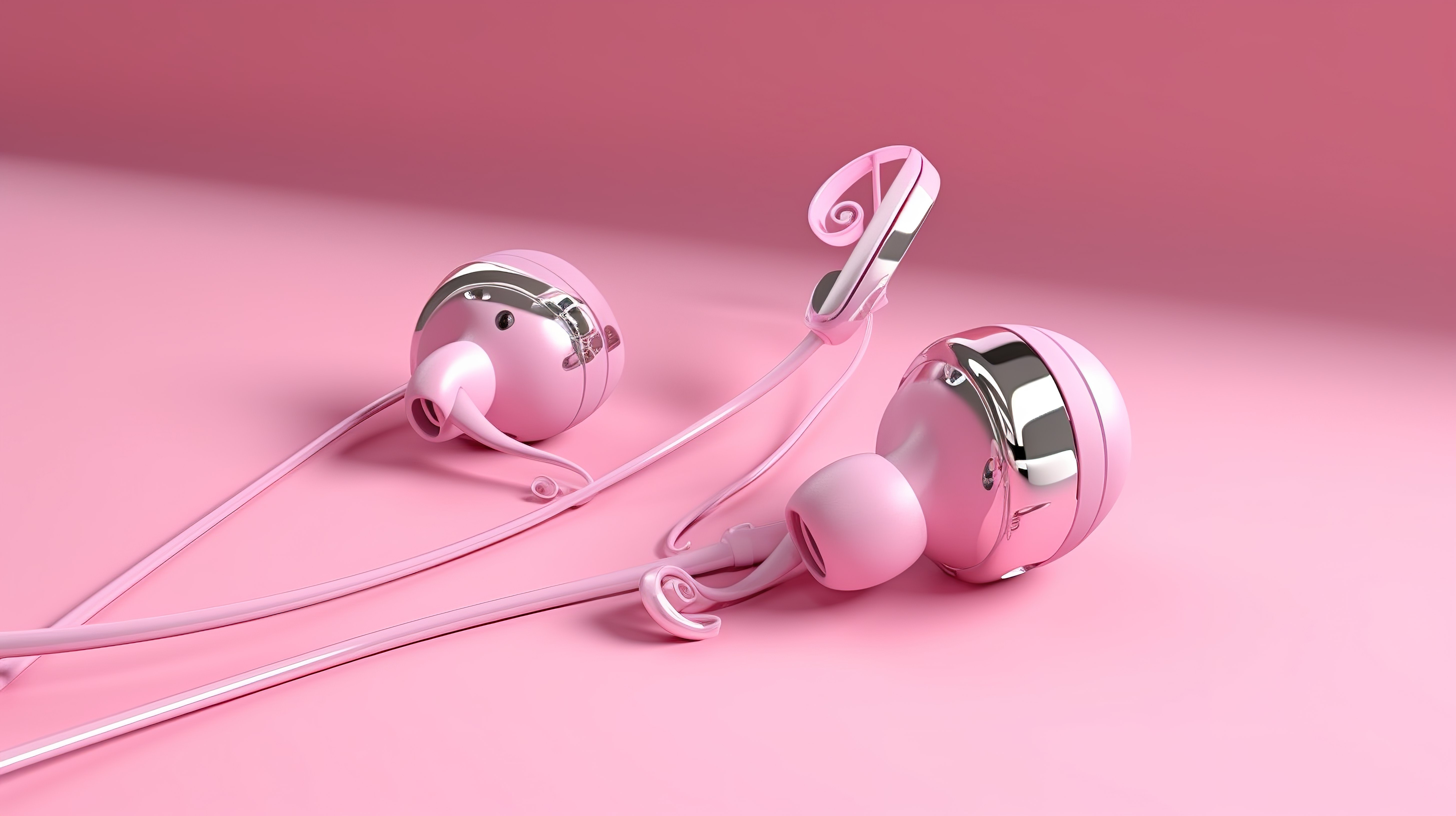 沉浸在声音粉红色背景3D耳机和漂浮的音符中图片