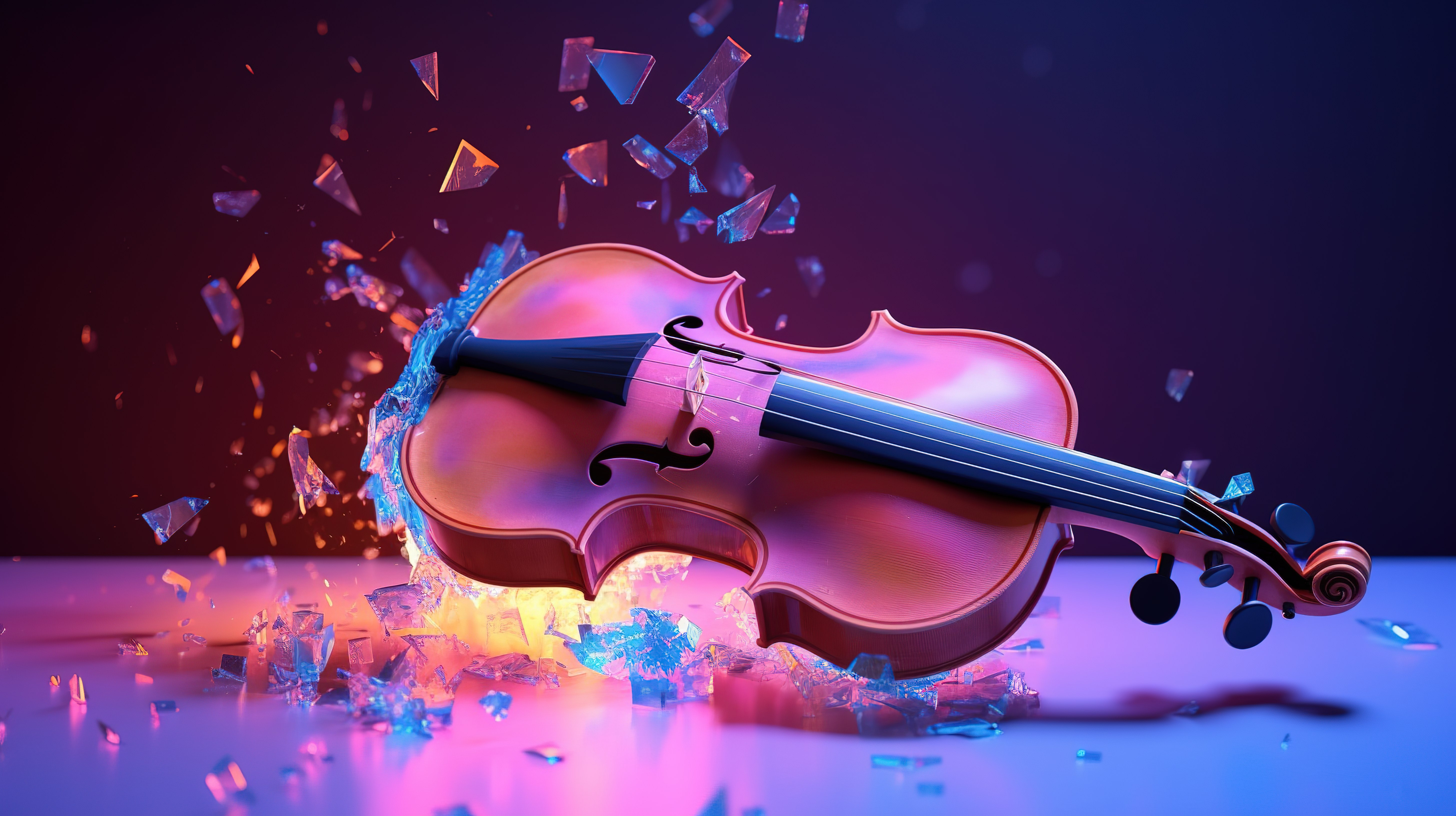 破碎的小提琴碎片出现在霓虹灯 3D 渲染中图片