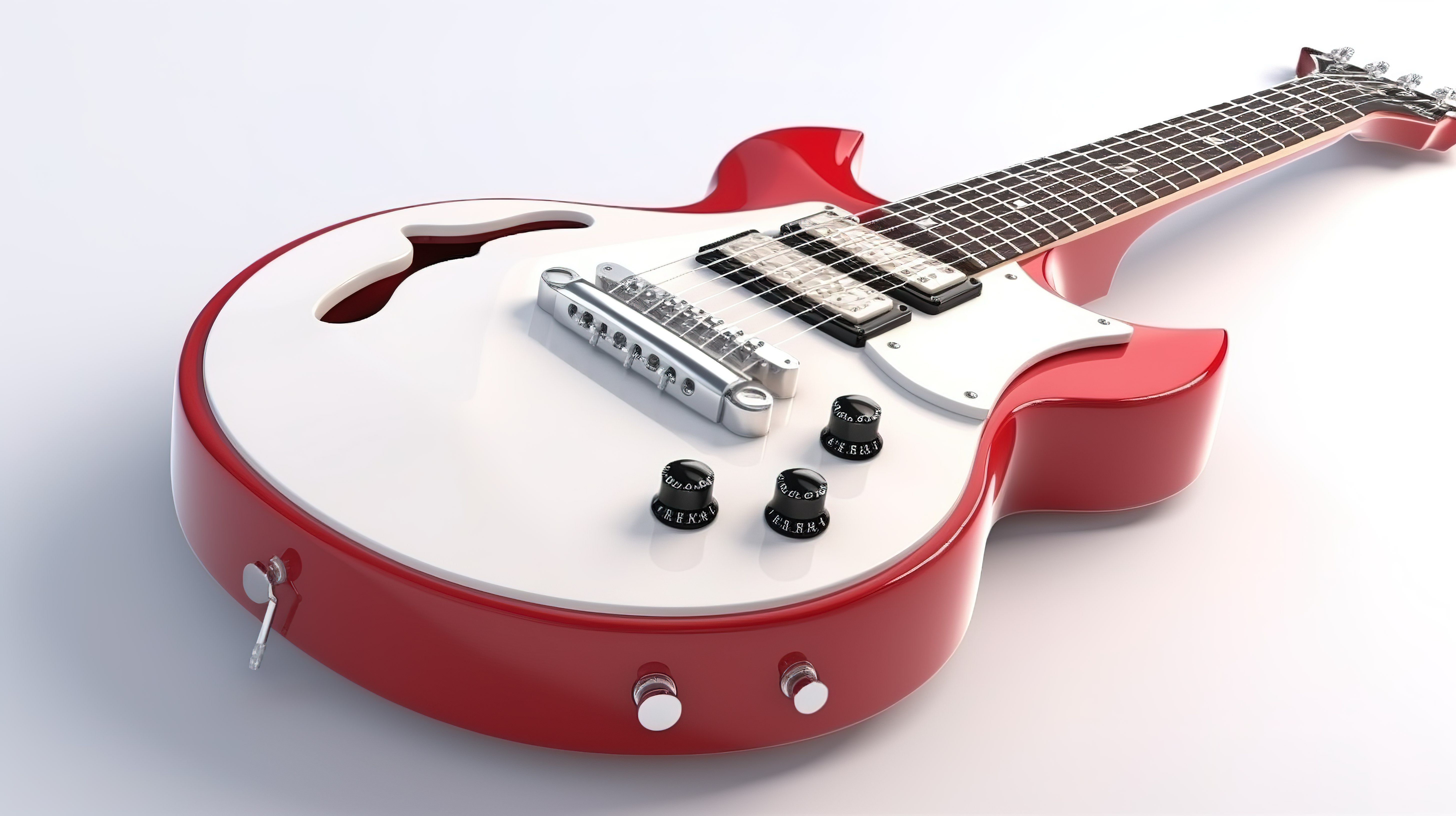 带有红色和白色六弦电吉他的白色隔离背景的 3D 渲染图片