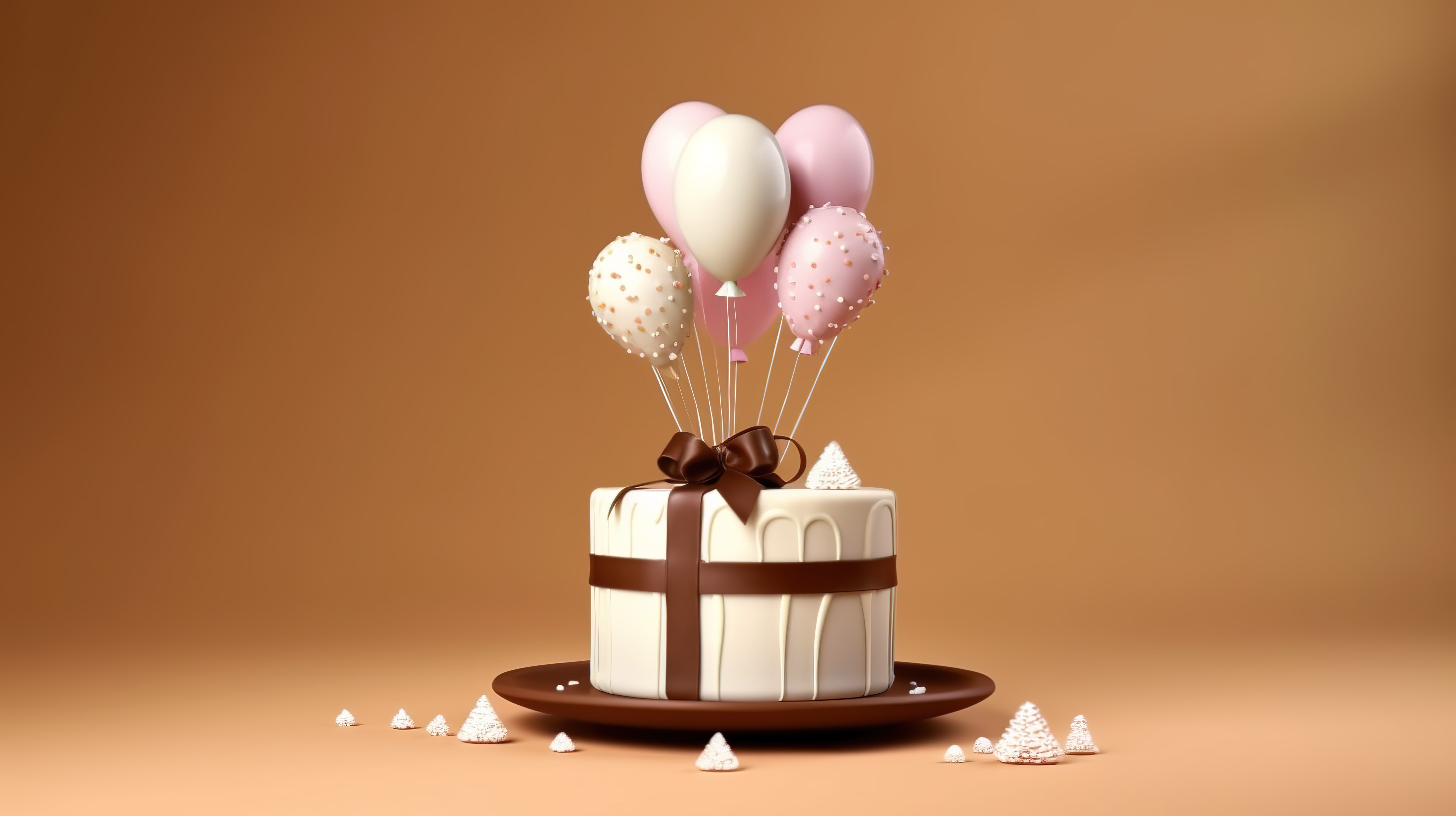巧克力蛋糕的 3D 插图，带有白色糖霜和棕色背景的节日气球，祝您圣诞快乐图片
