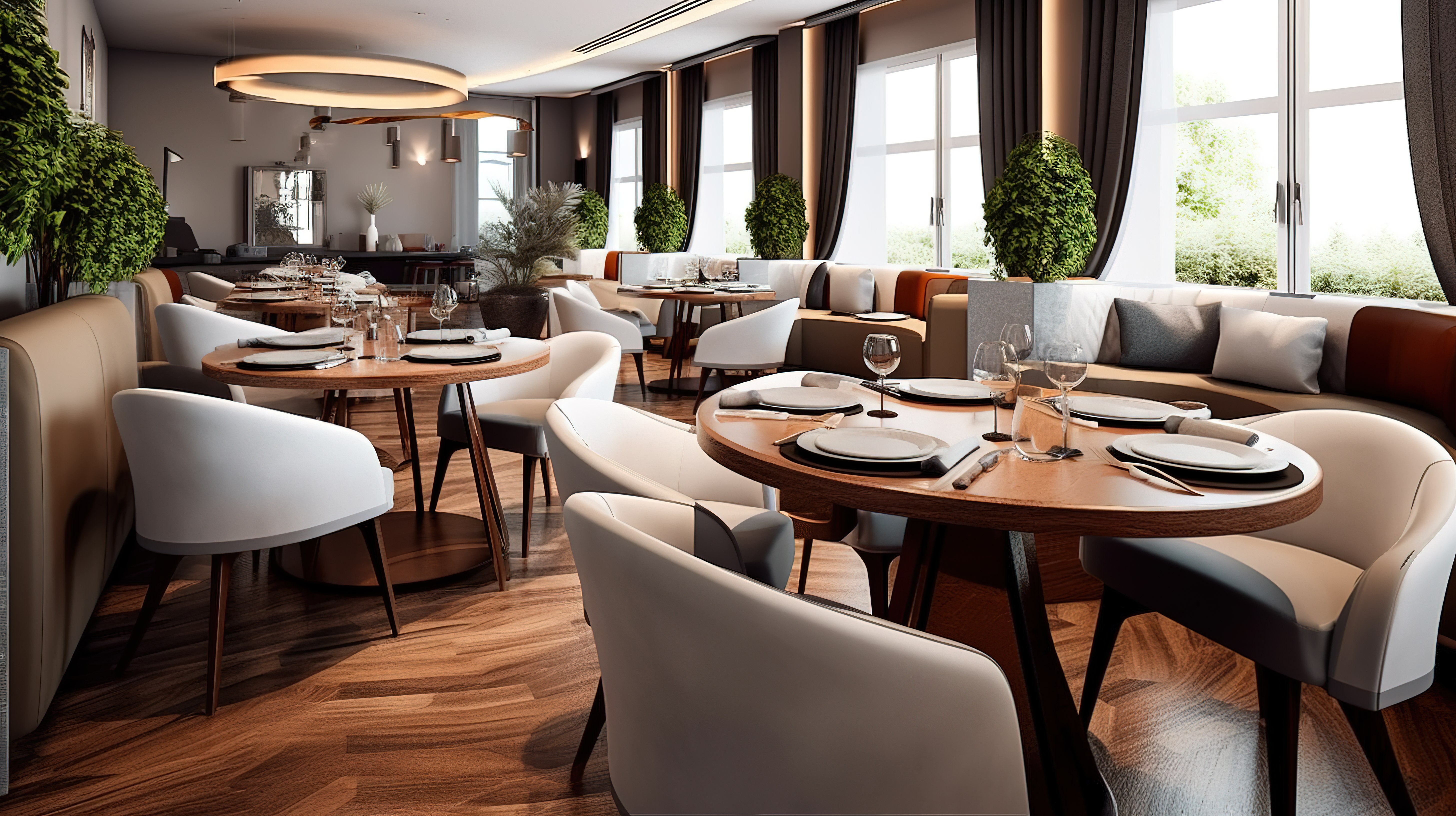 现代 3D 渲染酒店餐厅拥有豪华的家具和餐桌服务图片
