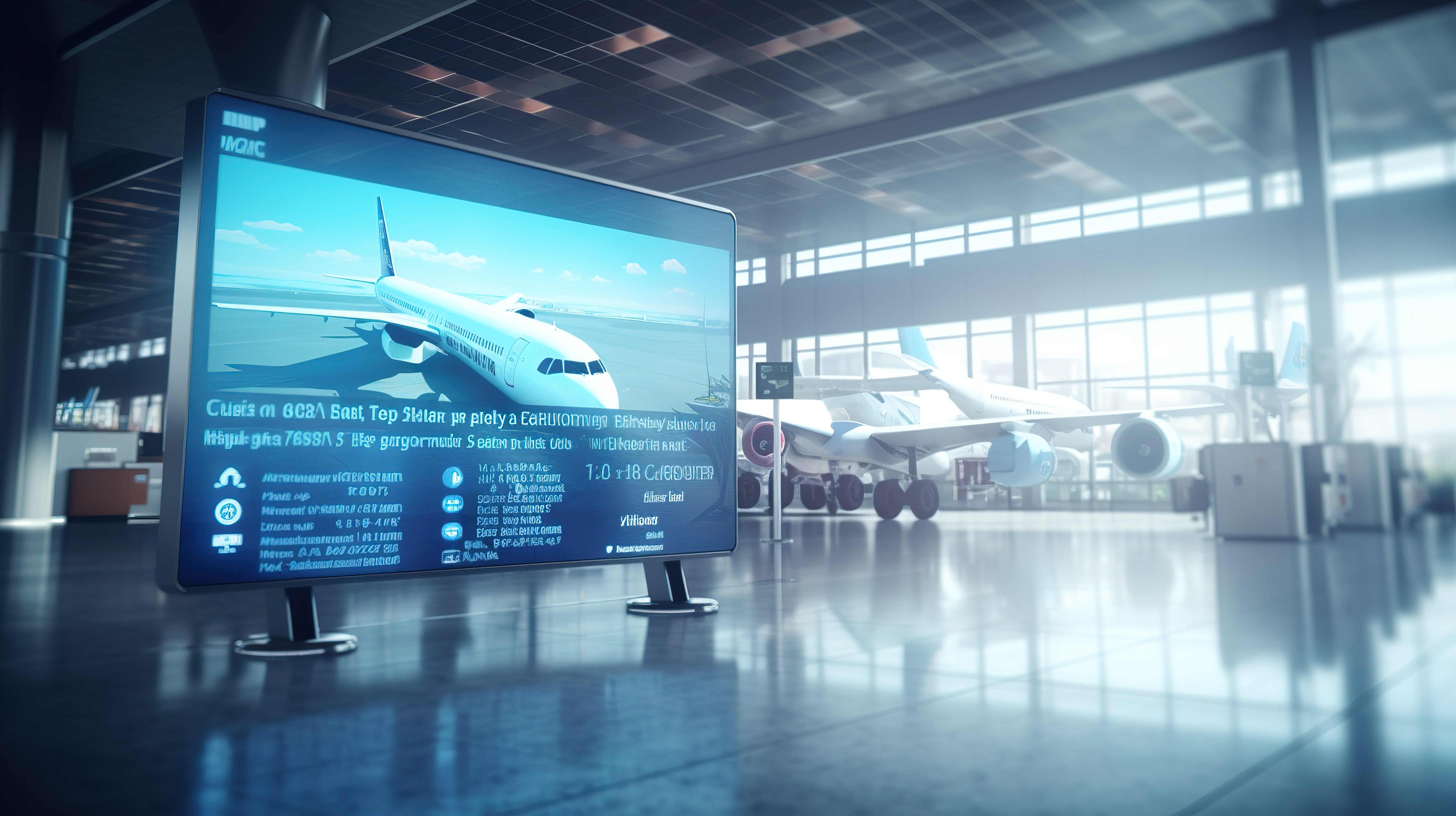机场信息屏幕的 3D 渲染，带有蓝色手提箱和背景模糊的飞机图片