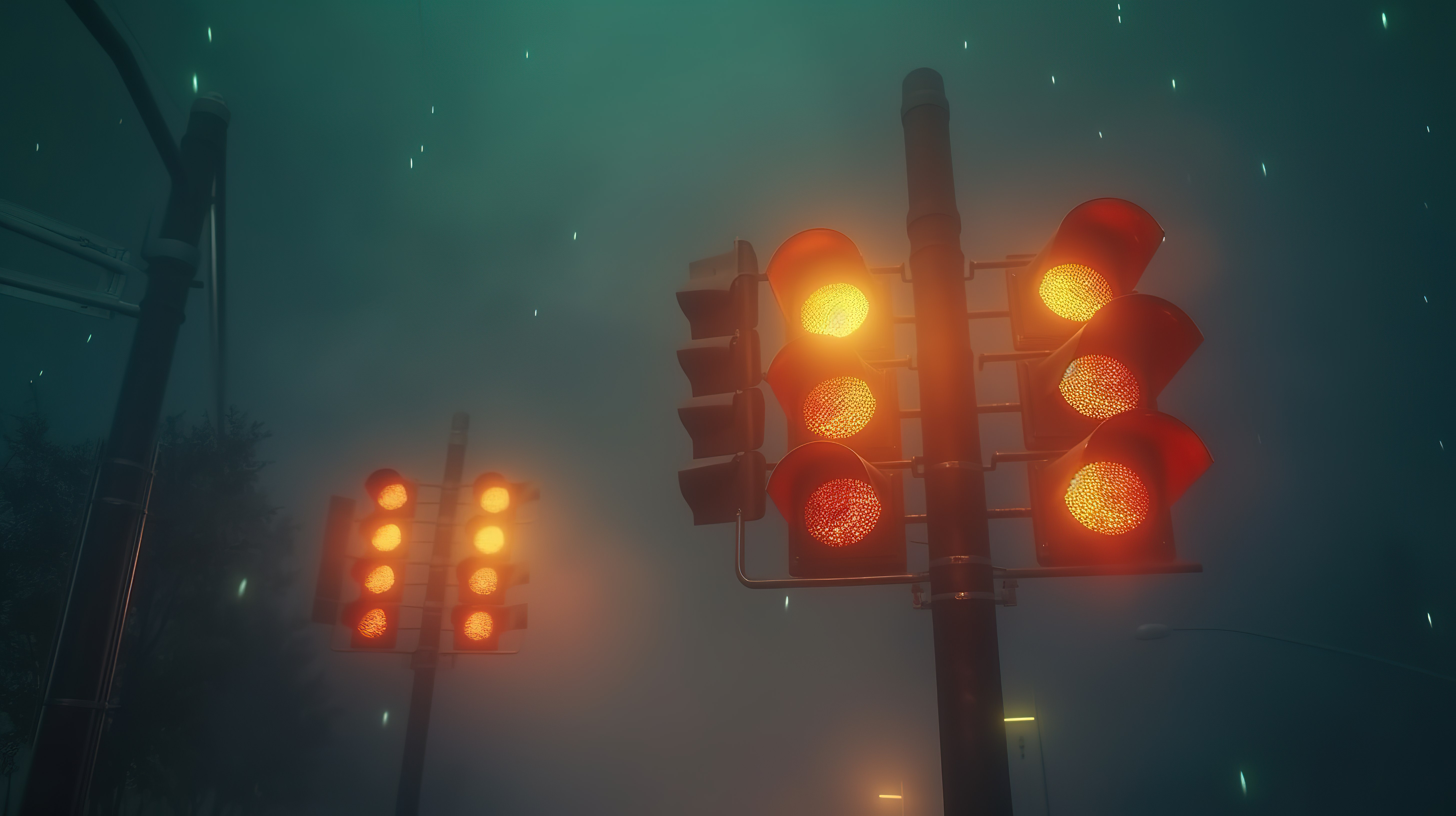 夜间浓雾中消失的交通灯的怪异 3D 渲染图片