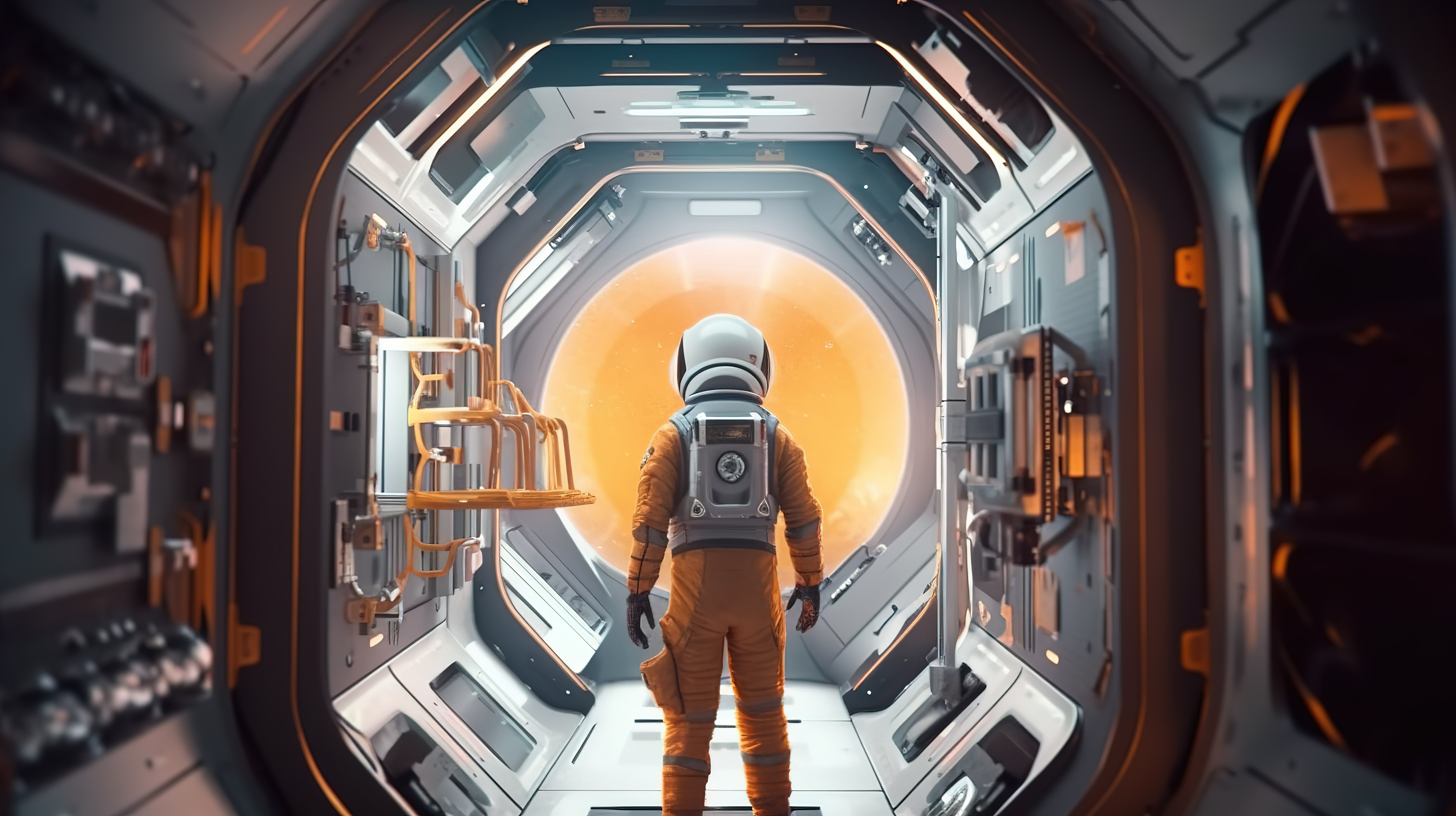 宇宙飞船内的孤独太空探索者未来派科幻航行想法 3D 可视化图片