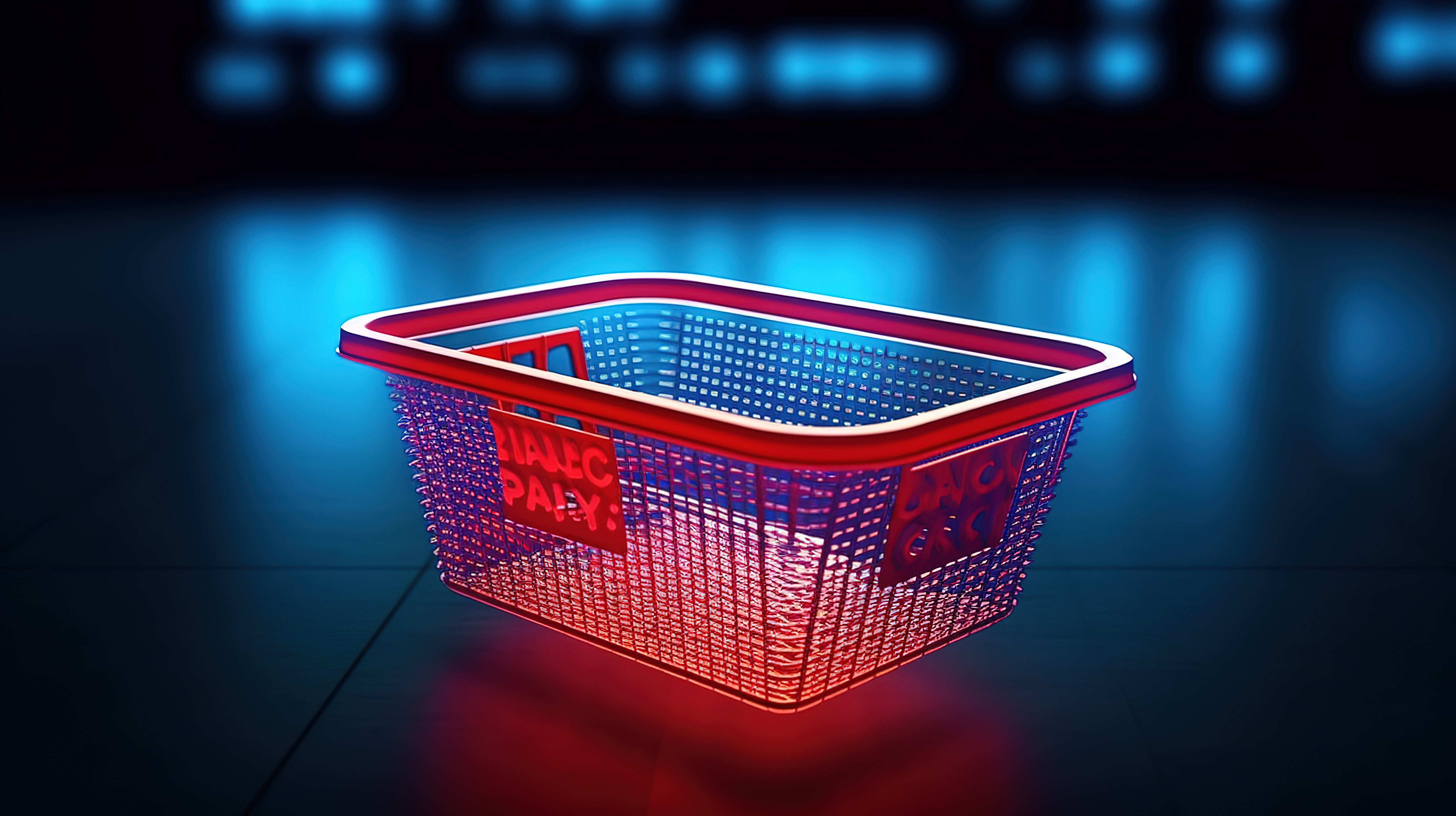 空塑料购物篮上闪购标牌的 3D 渲染图片