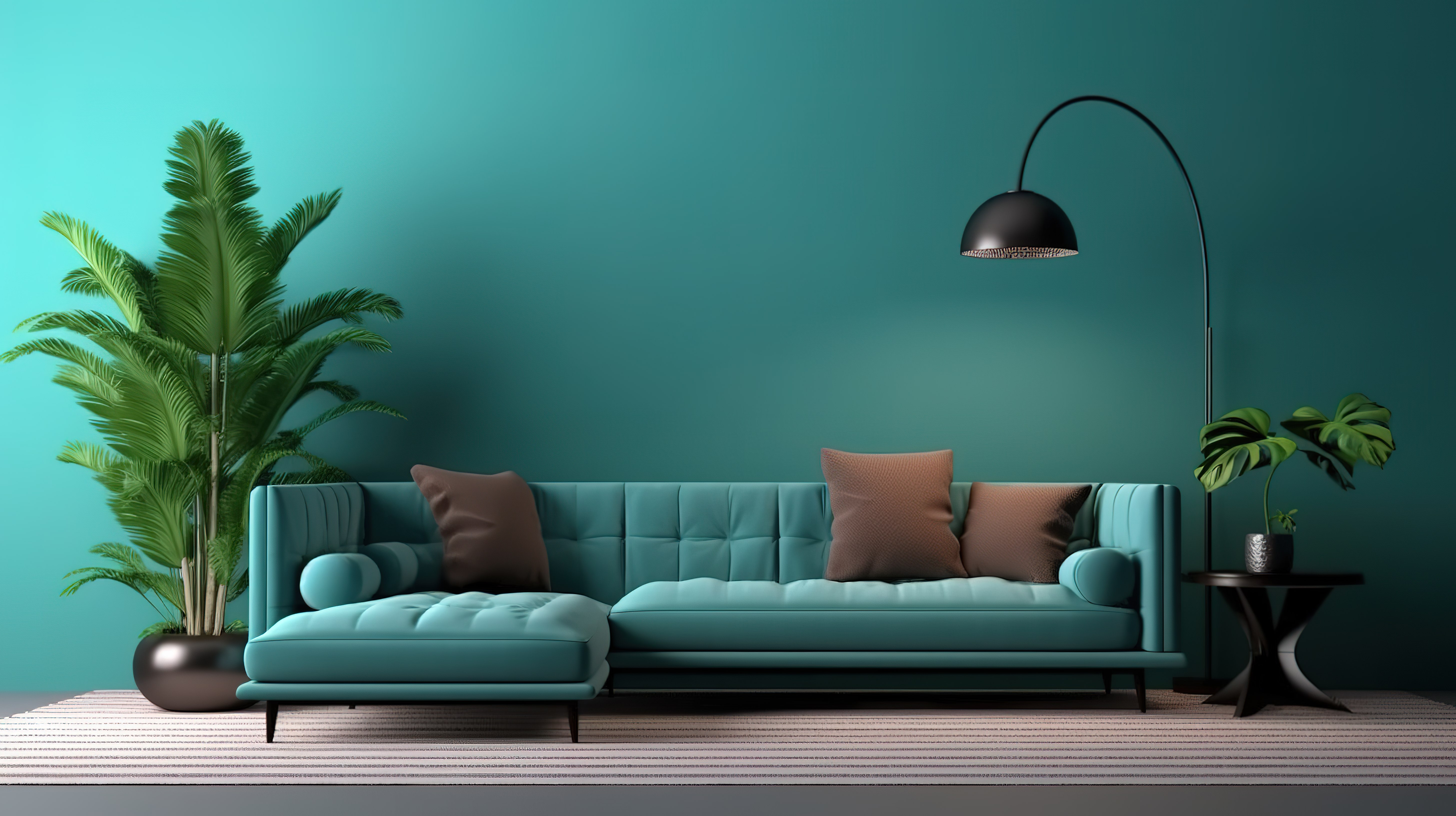 浓汤色的客厅配有维京风格的沙发和 3D 渲染的桌子图片