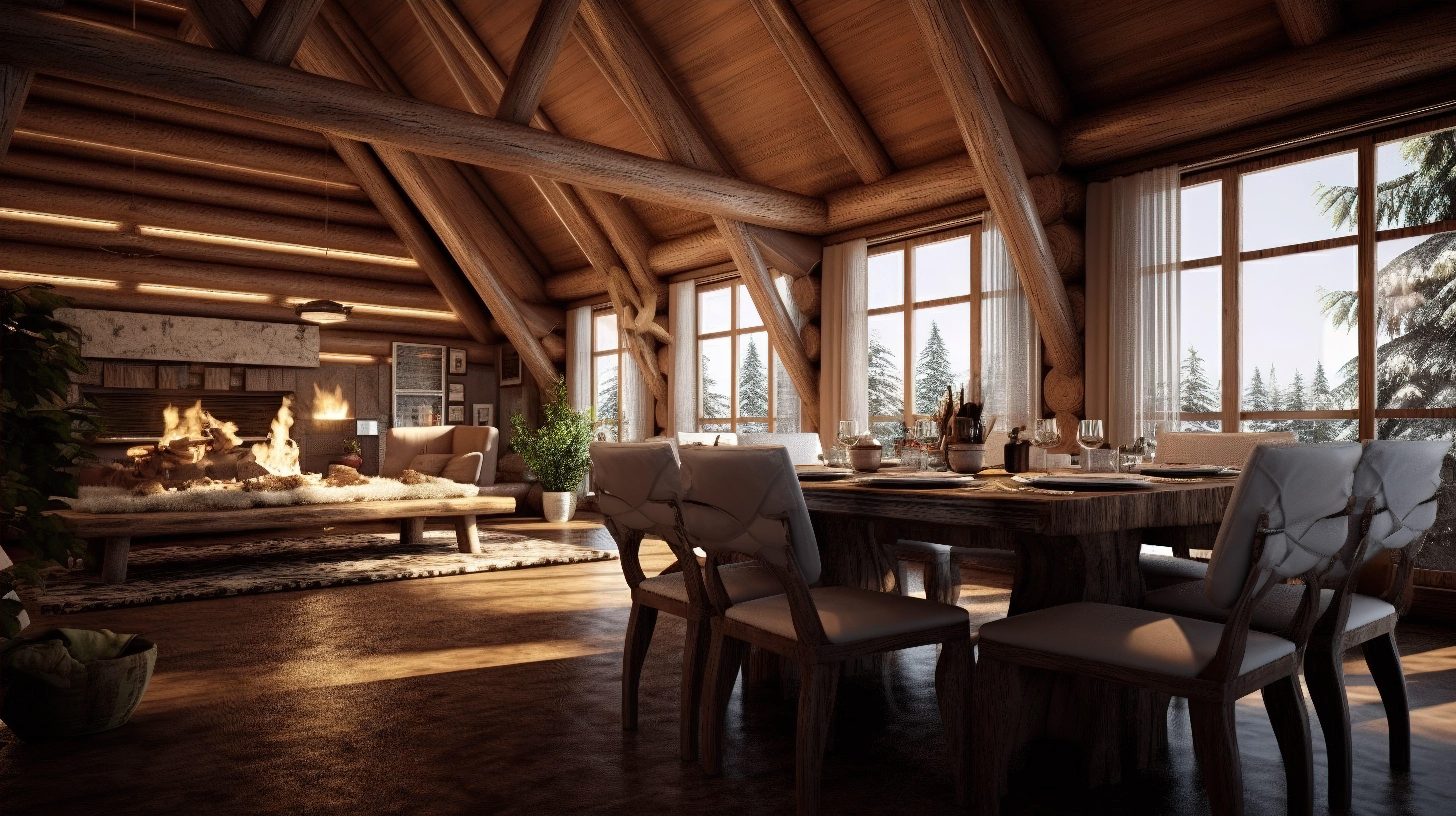 3D 小木屋插图中的简约餐厅图片