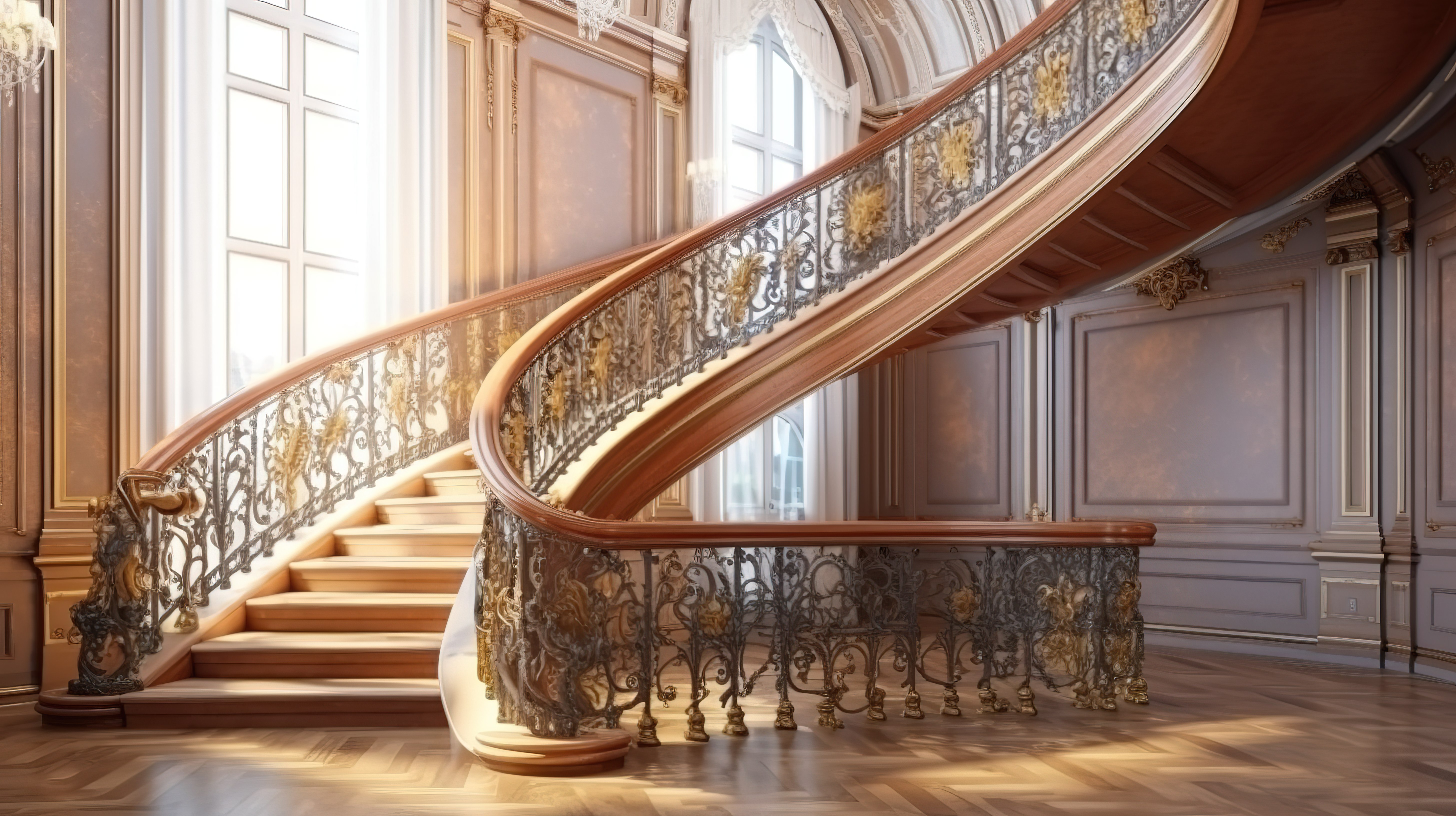 经典私人住宅的优雅楼梯木台阶和 3D 设计的镀金锻造栏杆图片