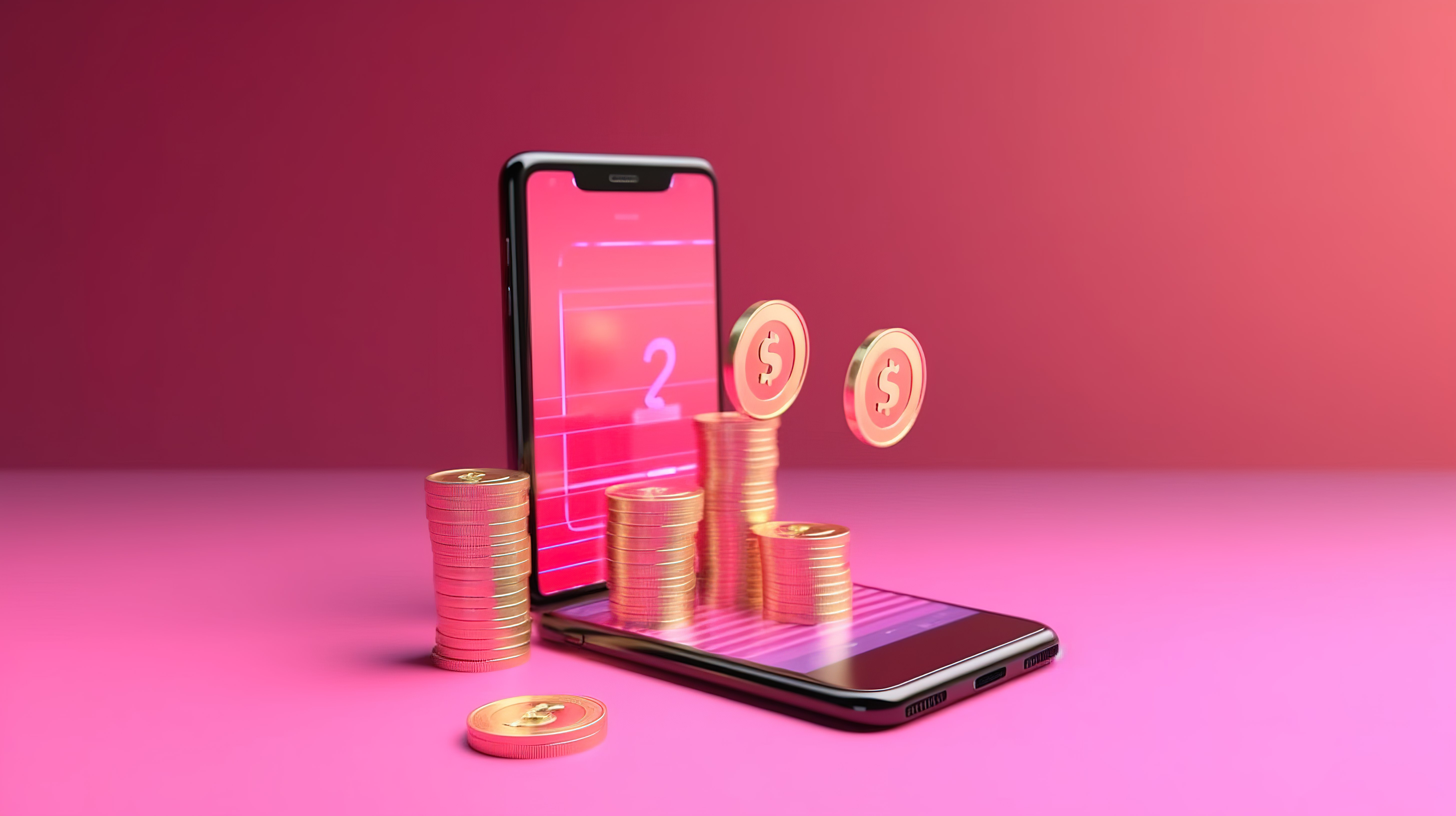 3D 渲染概念手机，带有图形硬币和粉红色背景上的向上箭头，象征加密或股票投资增长图片