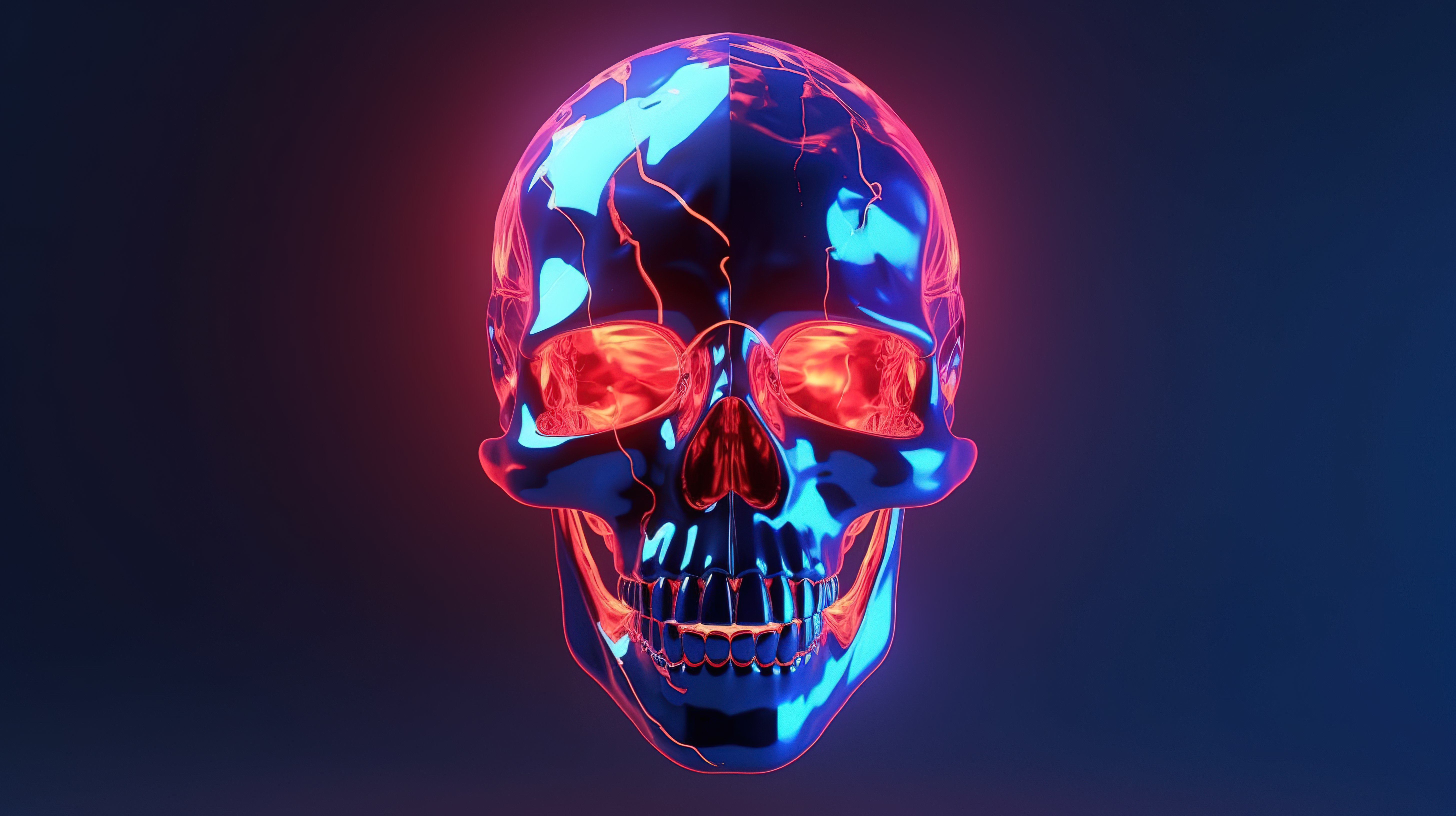 用蓝色红色和霓虹灯照亮的未来头骨的 3D 插图图片