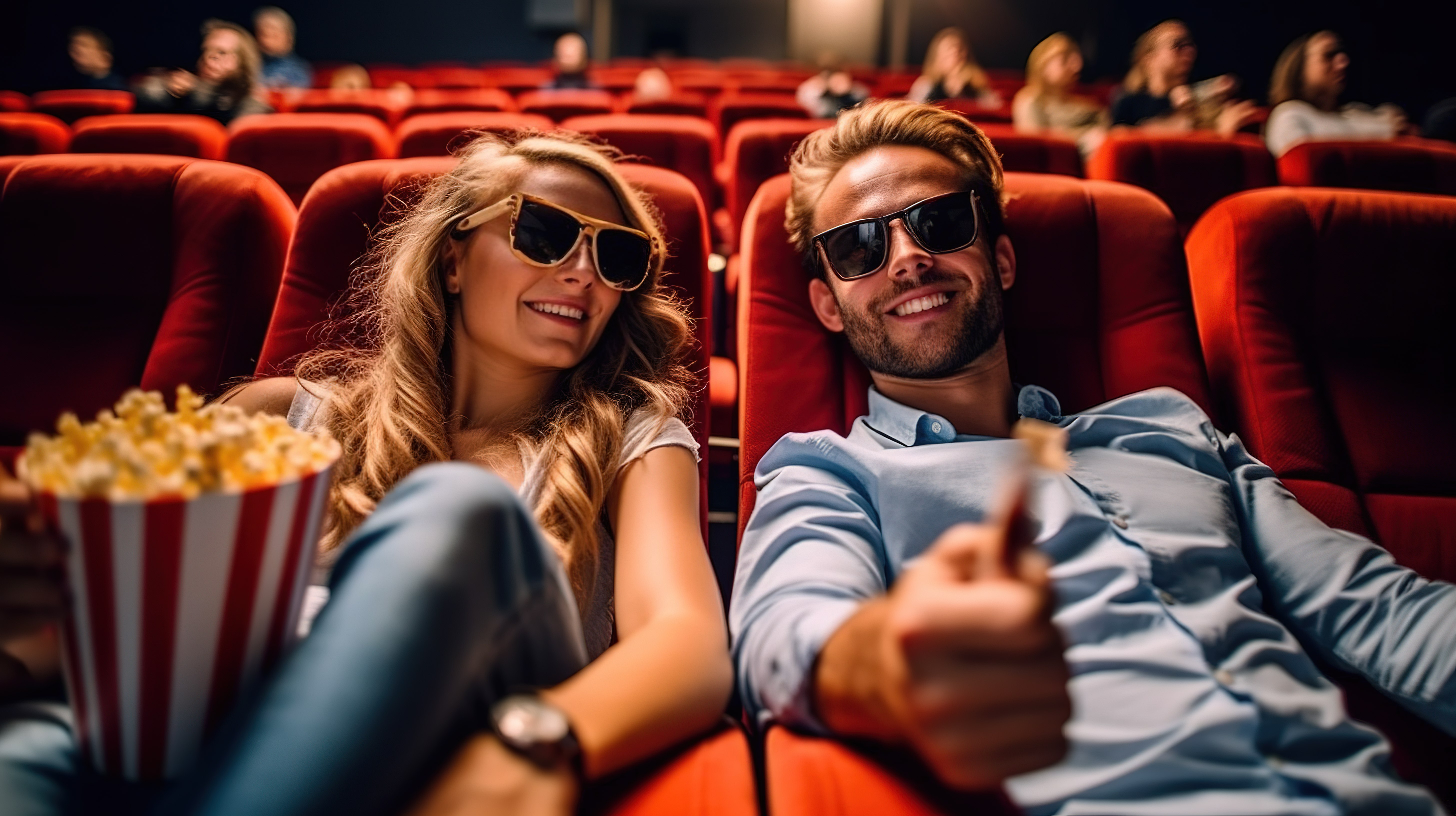 微笑的二人组在电影院欣赏 3D 电影并咀嚼爆米花图片