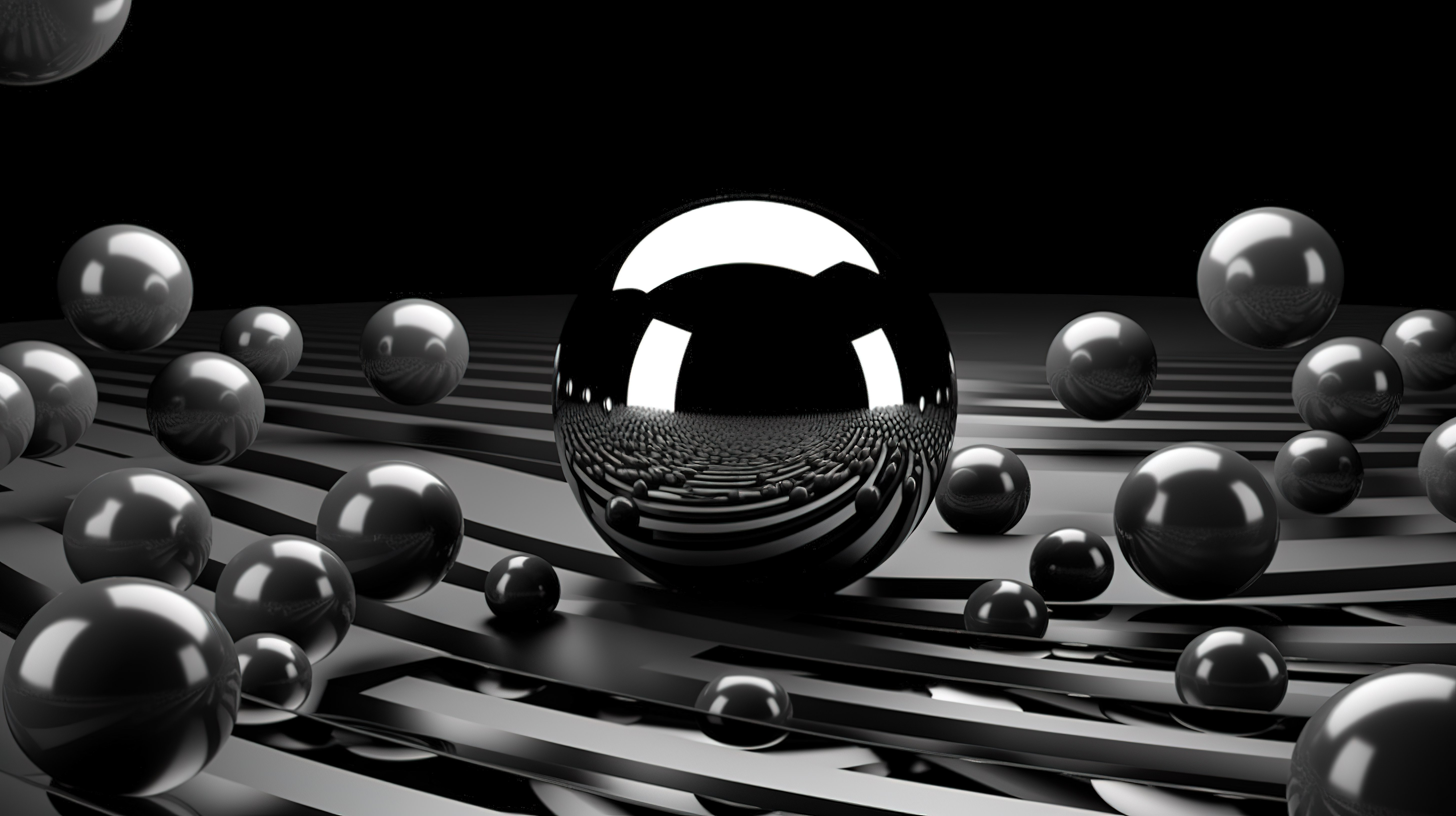 单色 3D 渲染黑色背景上有多个圆圈的大黑色球体图片