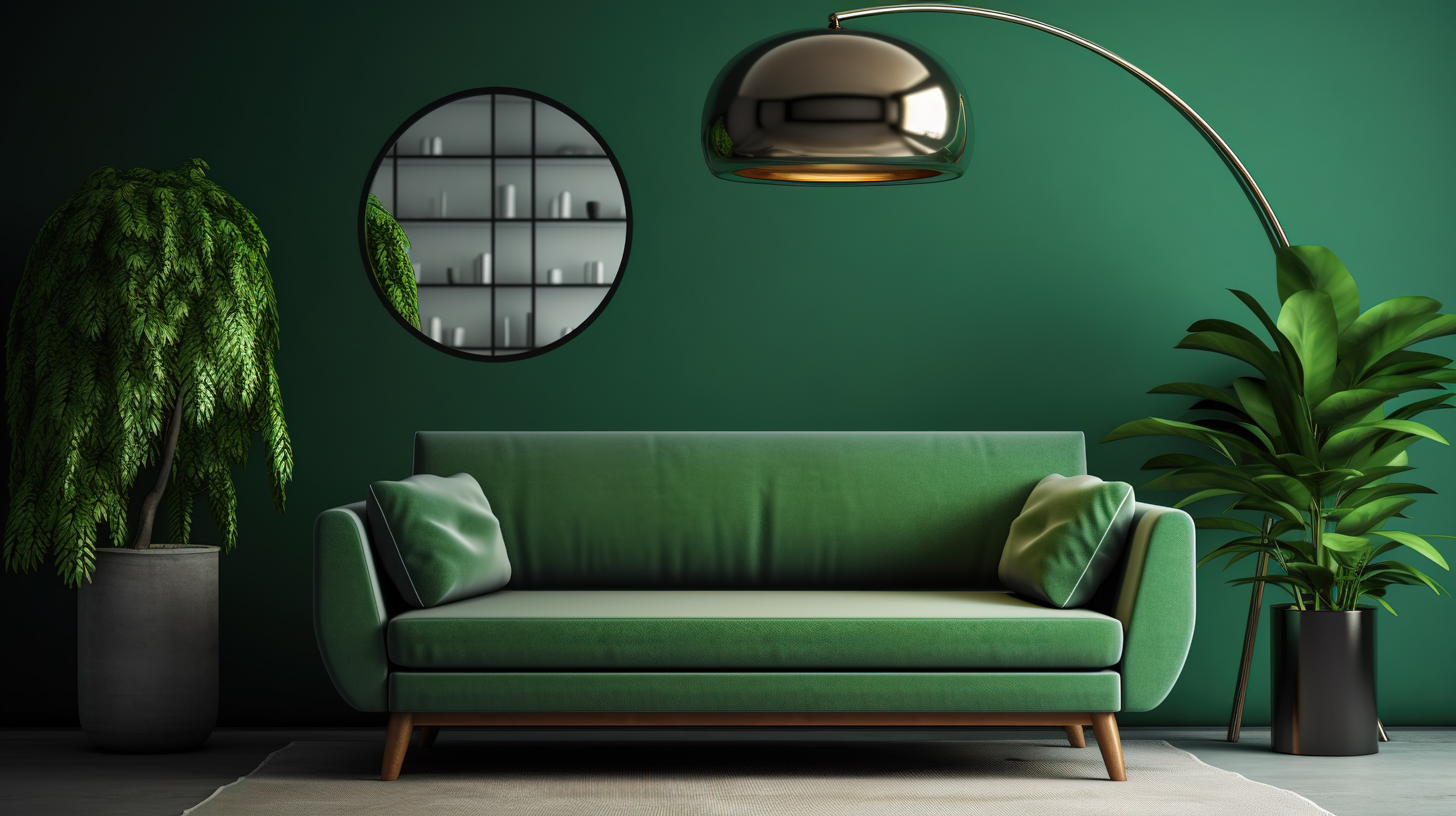 带灯照明沙发和枕头的绿色客厅的 3D 渲染图片