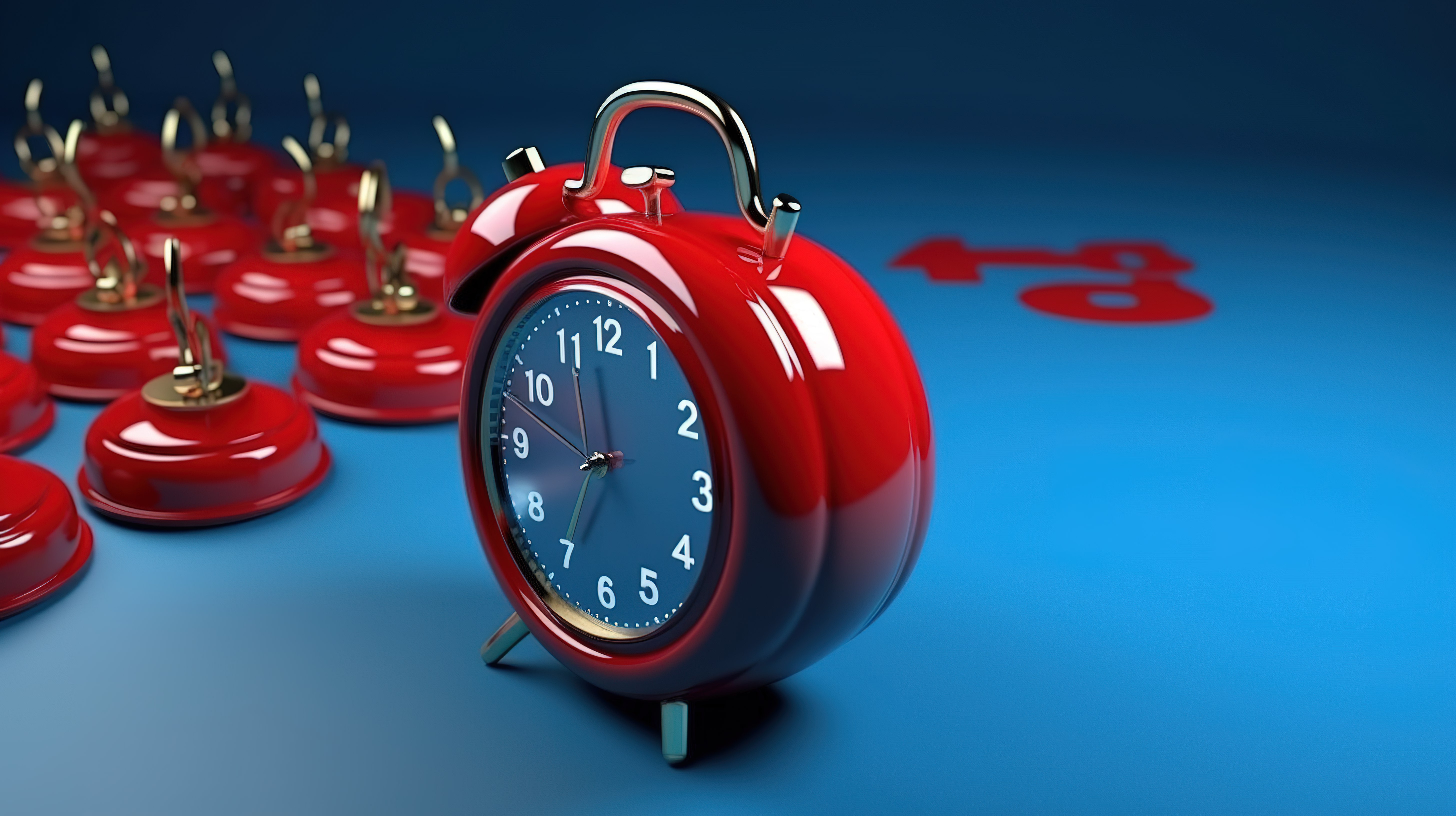 蓝色日历组织者的 3D 渲染，带有圆环和排列的周，漂浮在红色手表和带时钟的钟附近图片