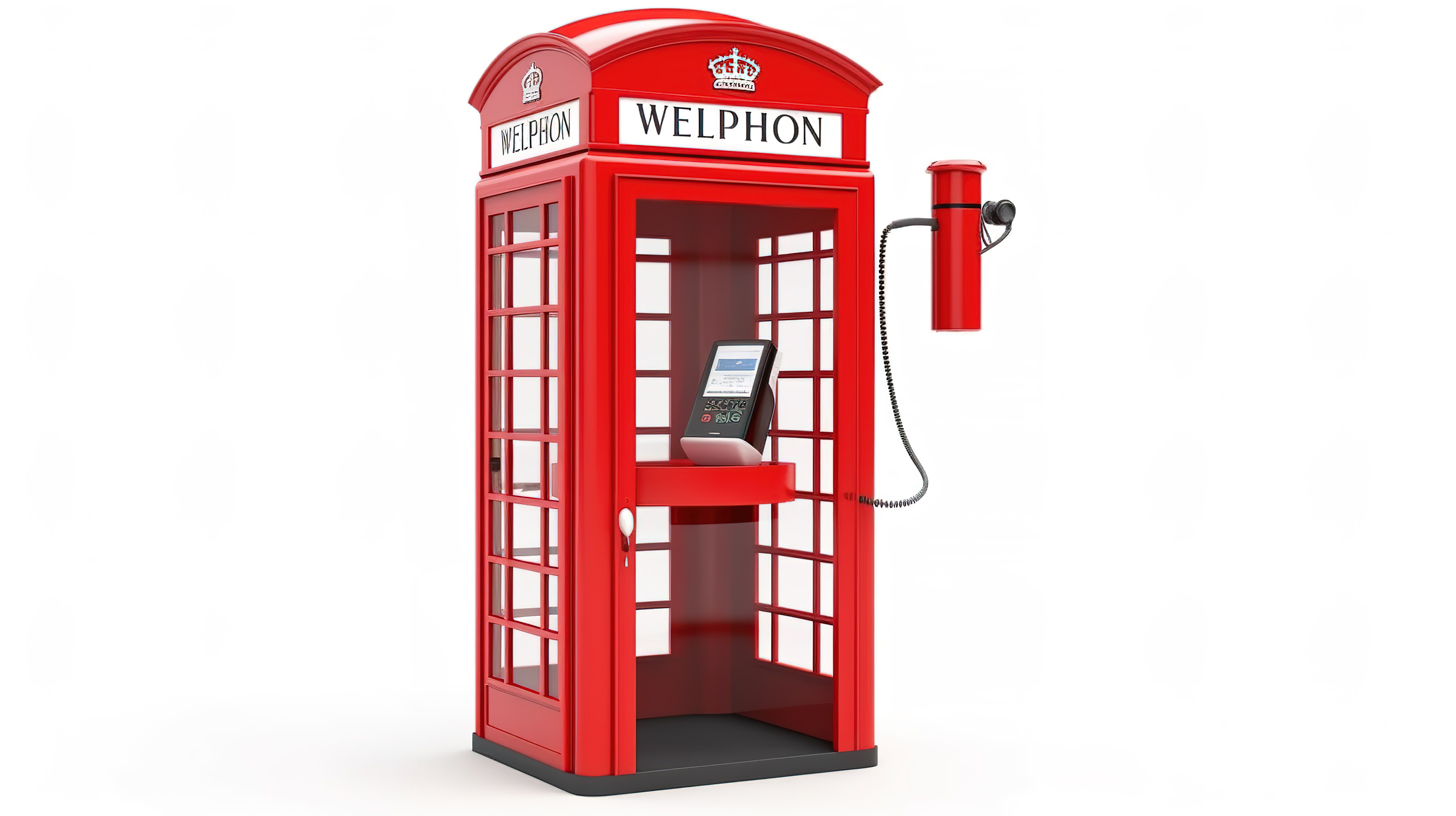 标志性的英国红色电话亭的现代风格，白色背景上带有 wi fi 符号 3d 渲染图片