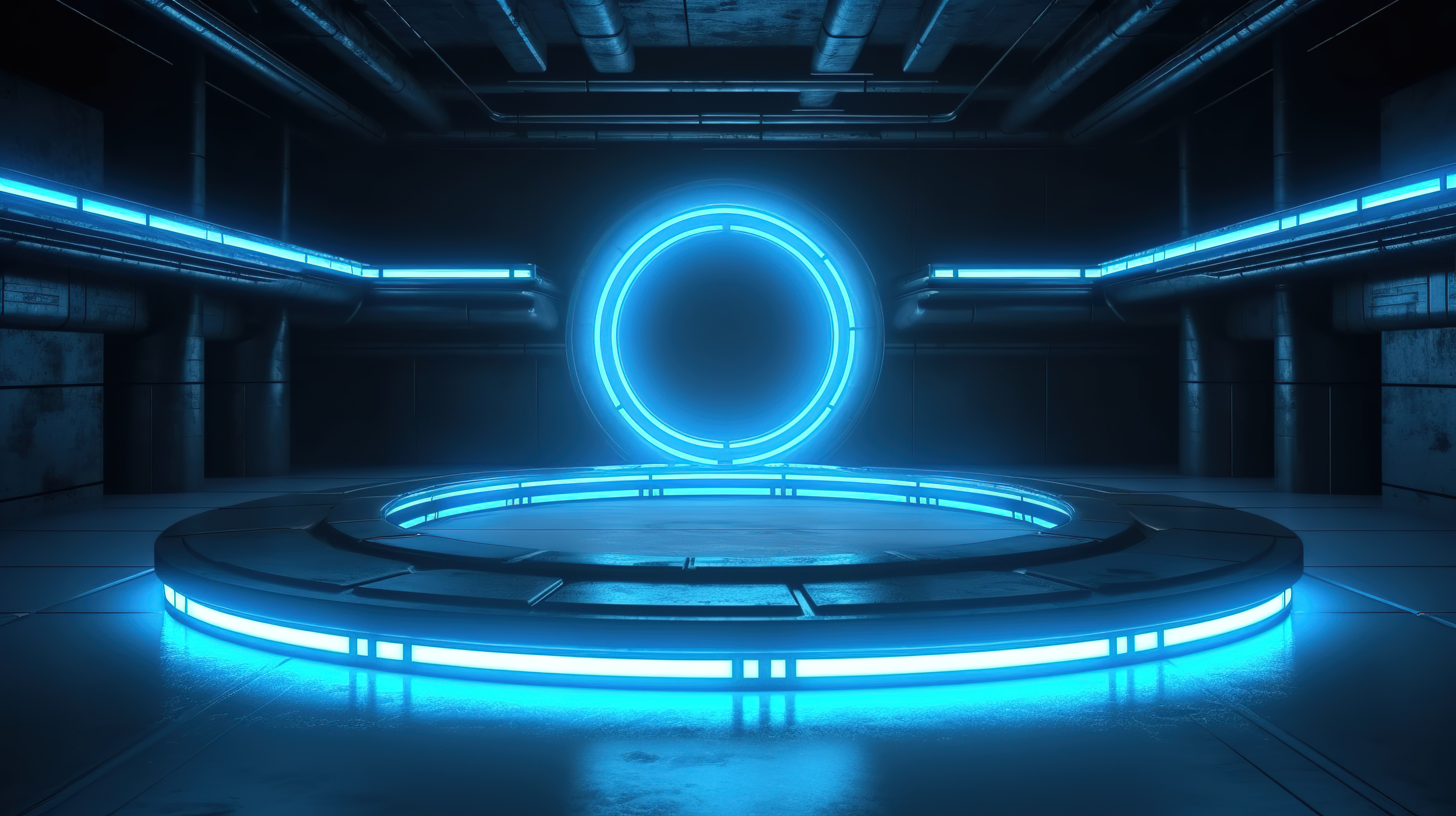 反光混凝土房间的 3D 渲染，带有发光的蓝色霓虹灯圆圈，是科幻场景的未来舞台图片