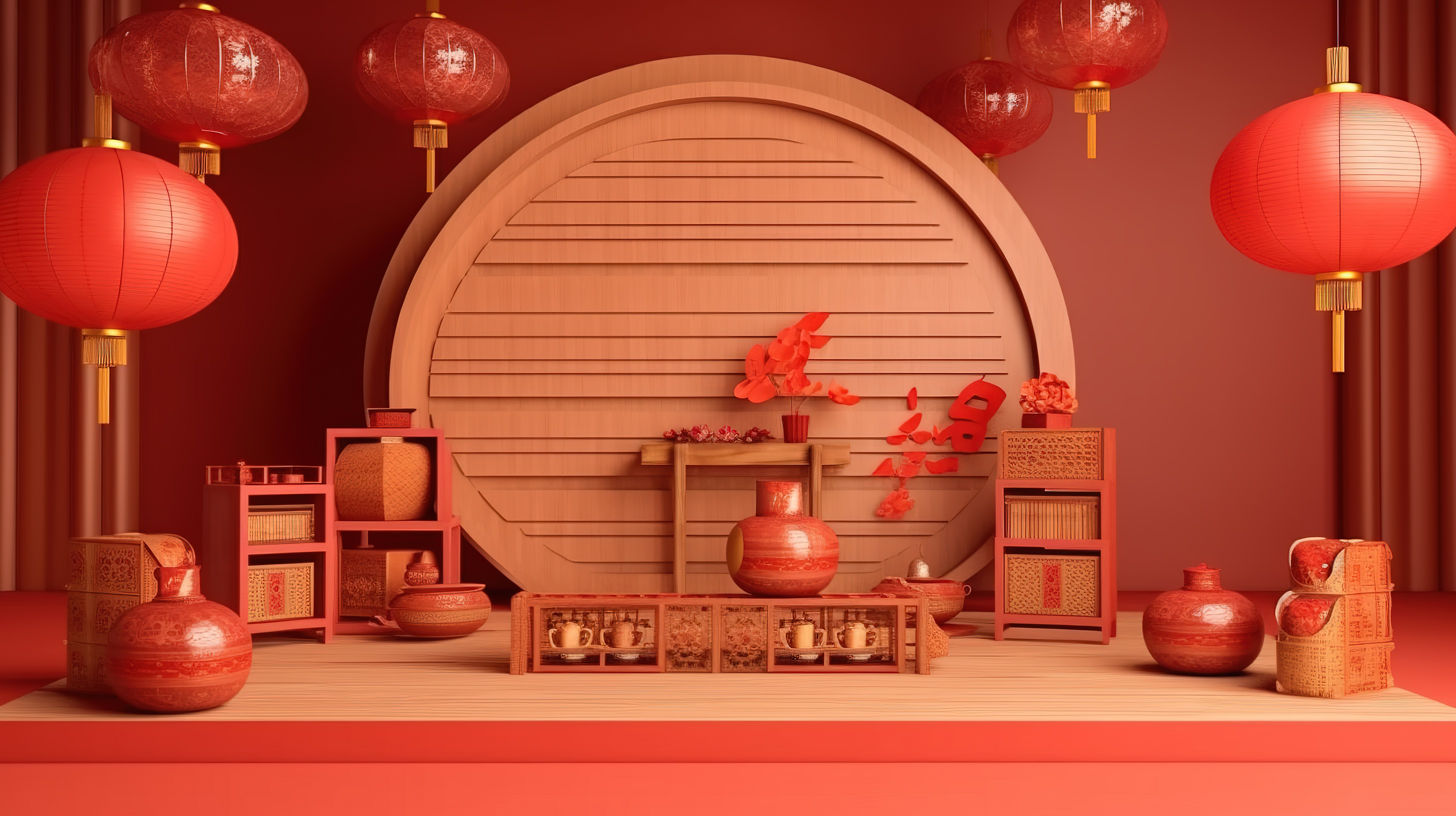 为中国新年产品搭建的舞台展示 3D 渲染插图图片