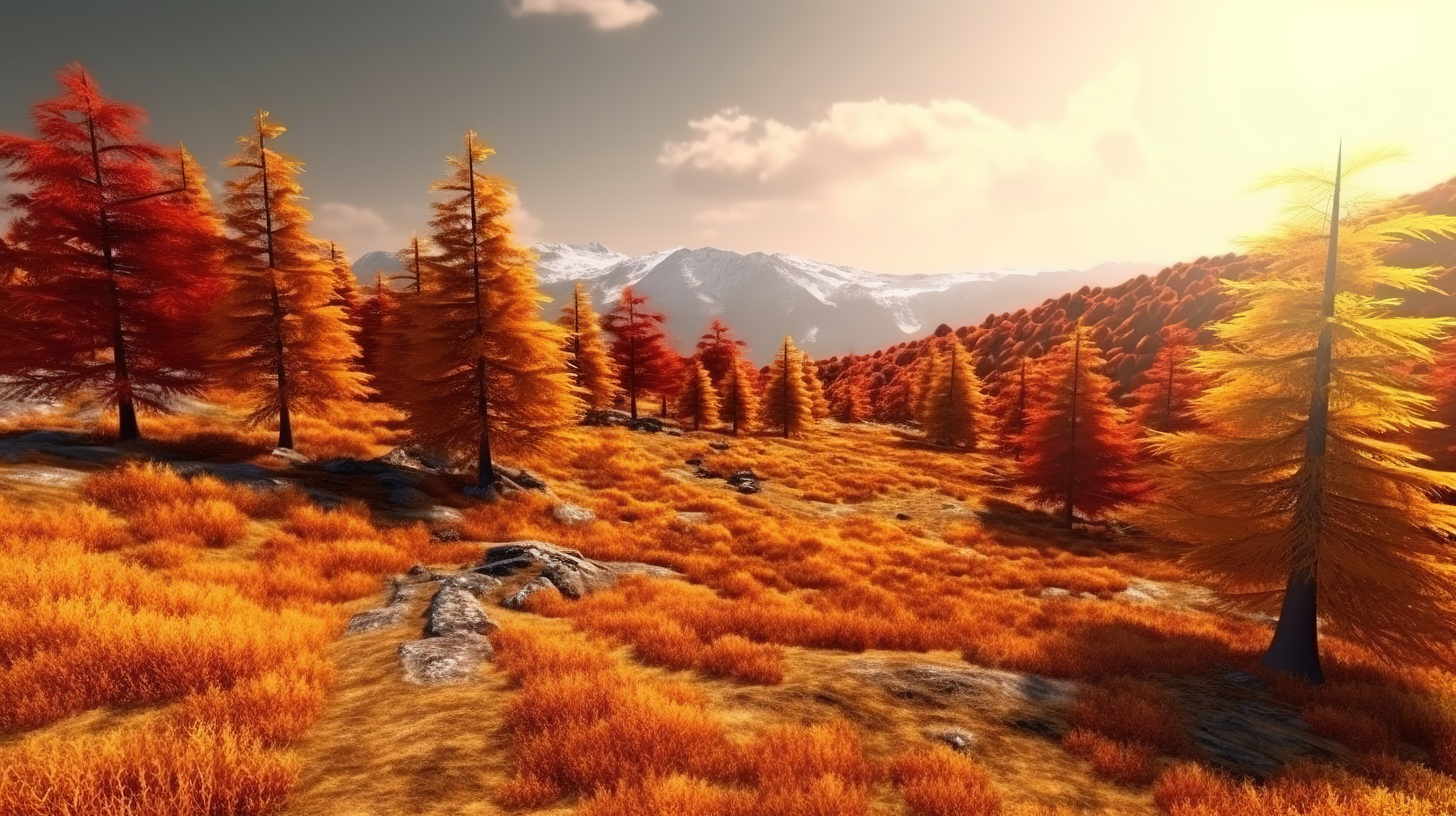 山脉在火热的秋天色彩中发光 3D 插图捕捉了穿着黄色和橙色叶子的树木的美丽图片