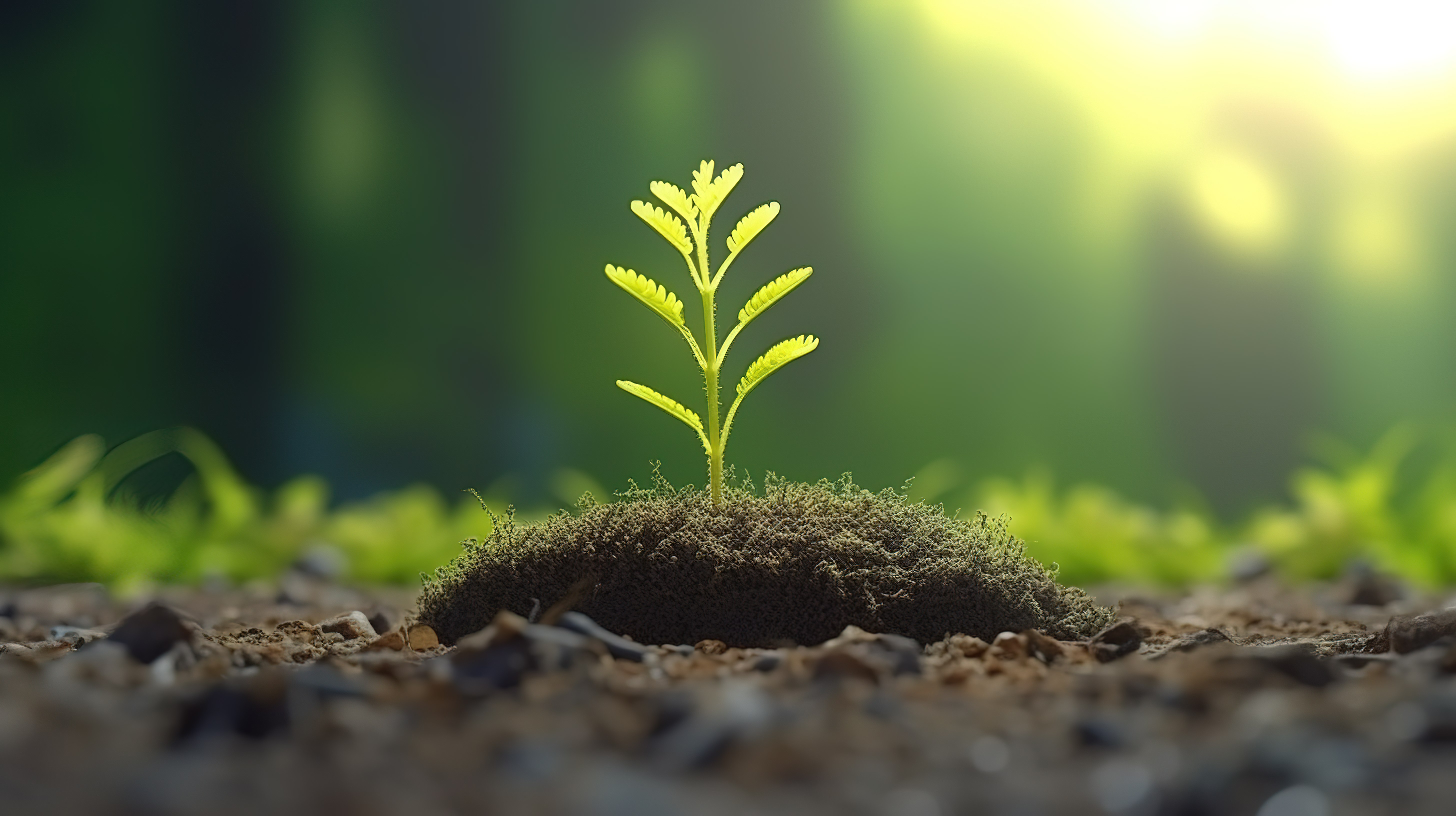 微小的植物生长在土壤上蓬勃发展，精心制作的 3D 插图图片