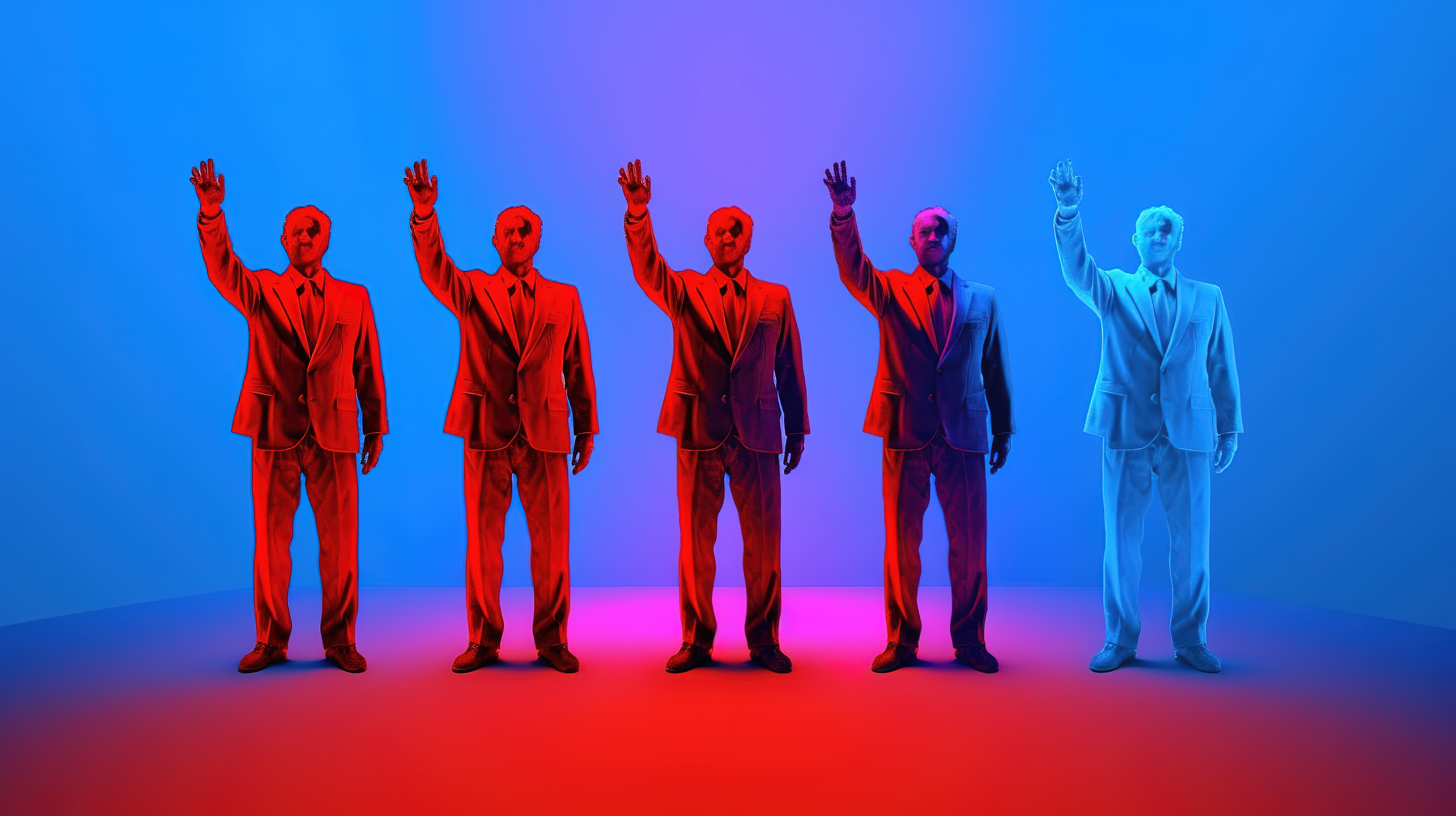 一群身着红色西装的企业专业人士举手并呈现蓝色思想 3D 渲染图像图片