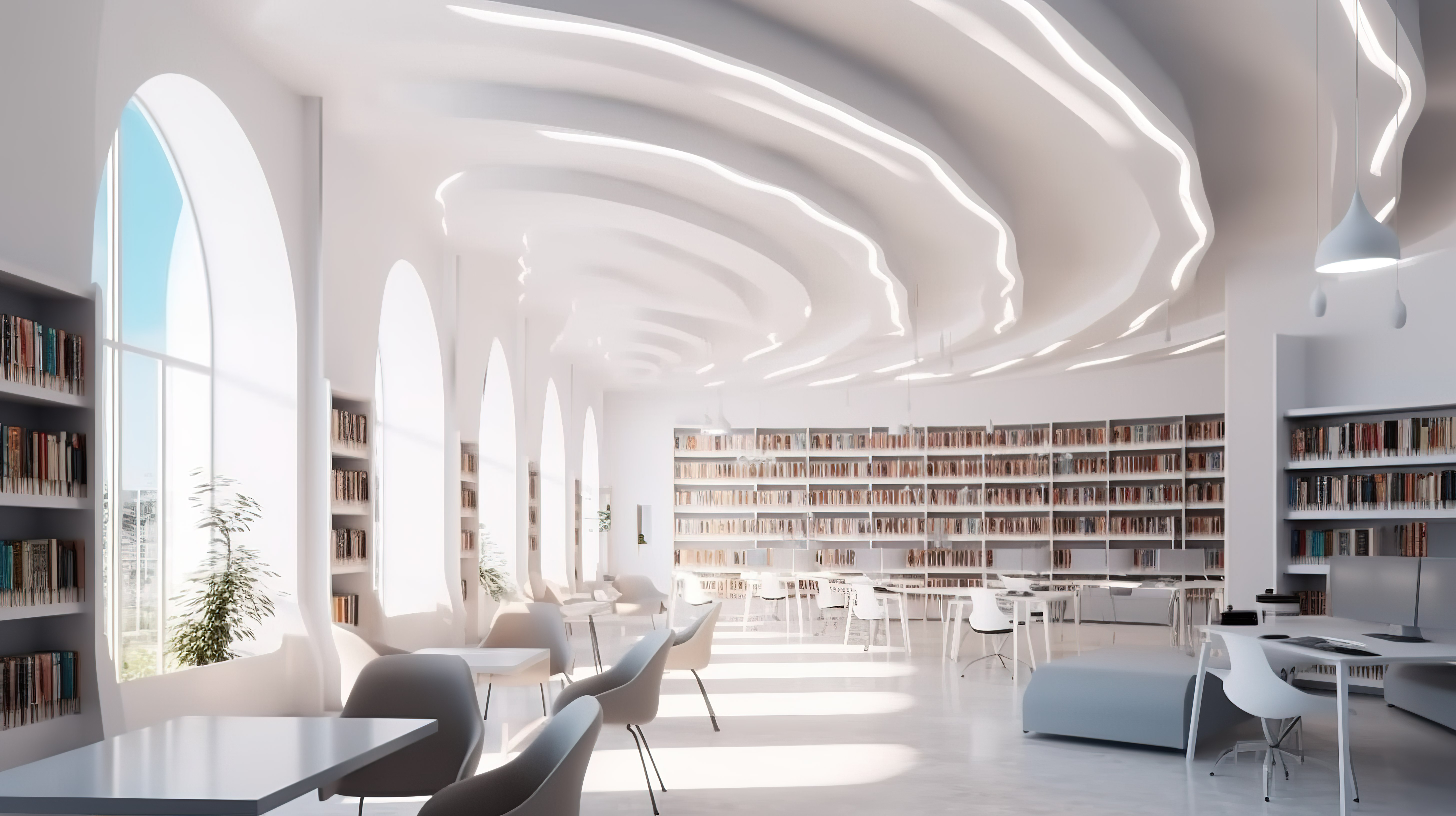 当代图书馆设计室内空间的真实3D渲染图片
