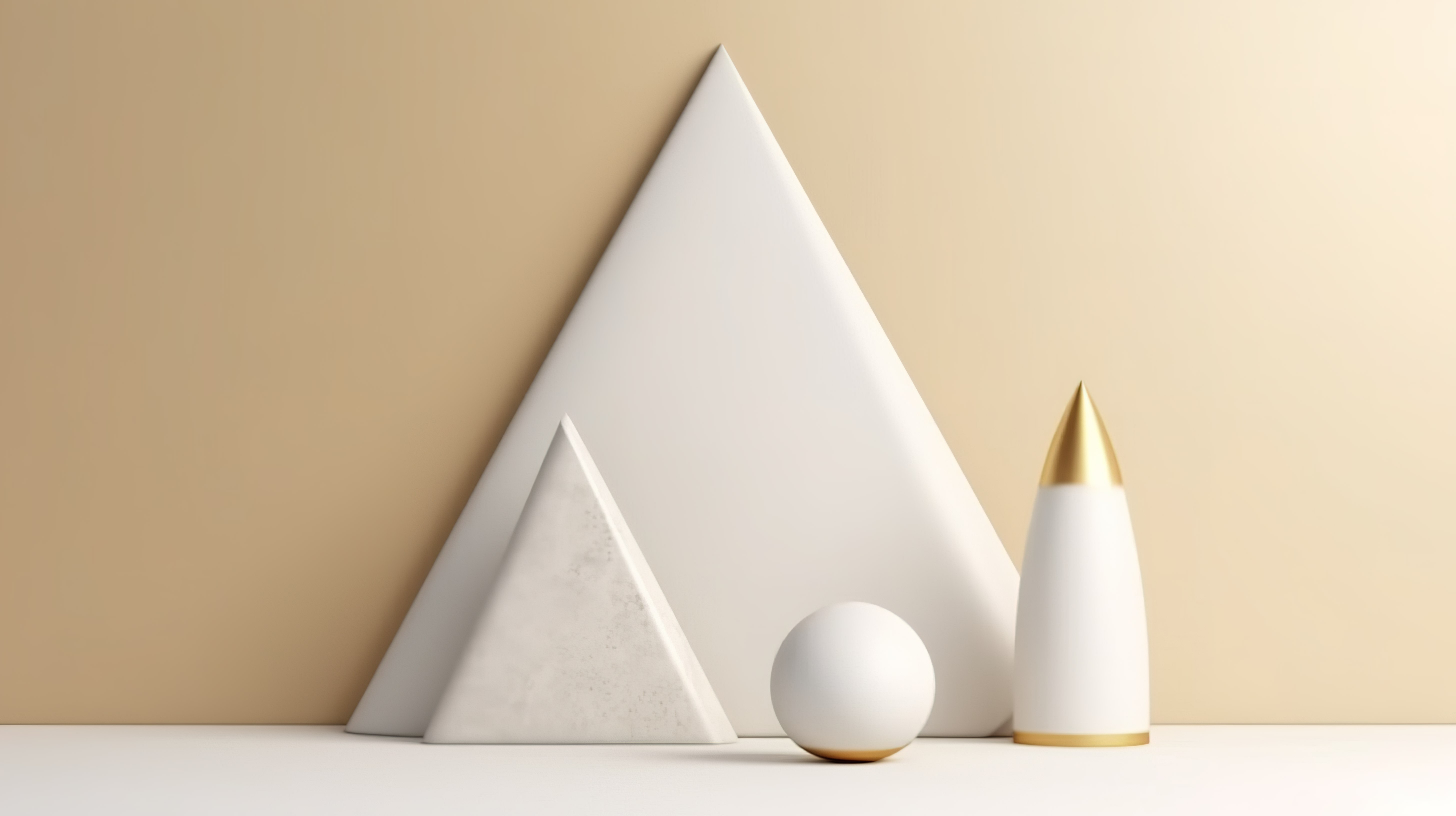 3D 渲染中具有几何形状金色半圆和白色大理石圆锥形状的简约奶油色墙角图片