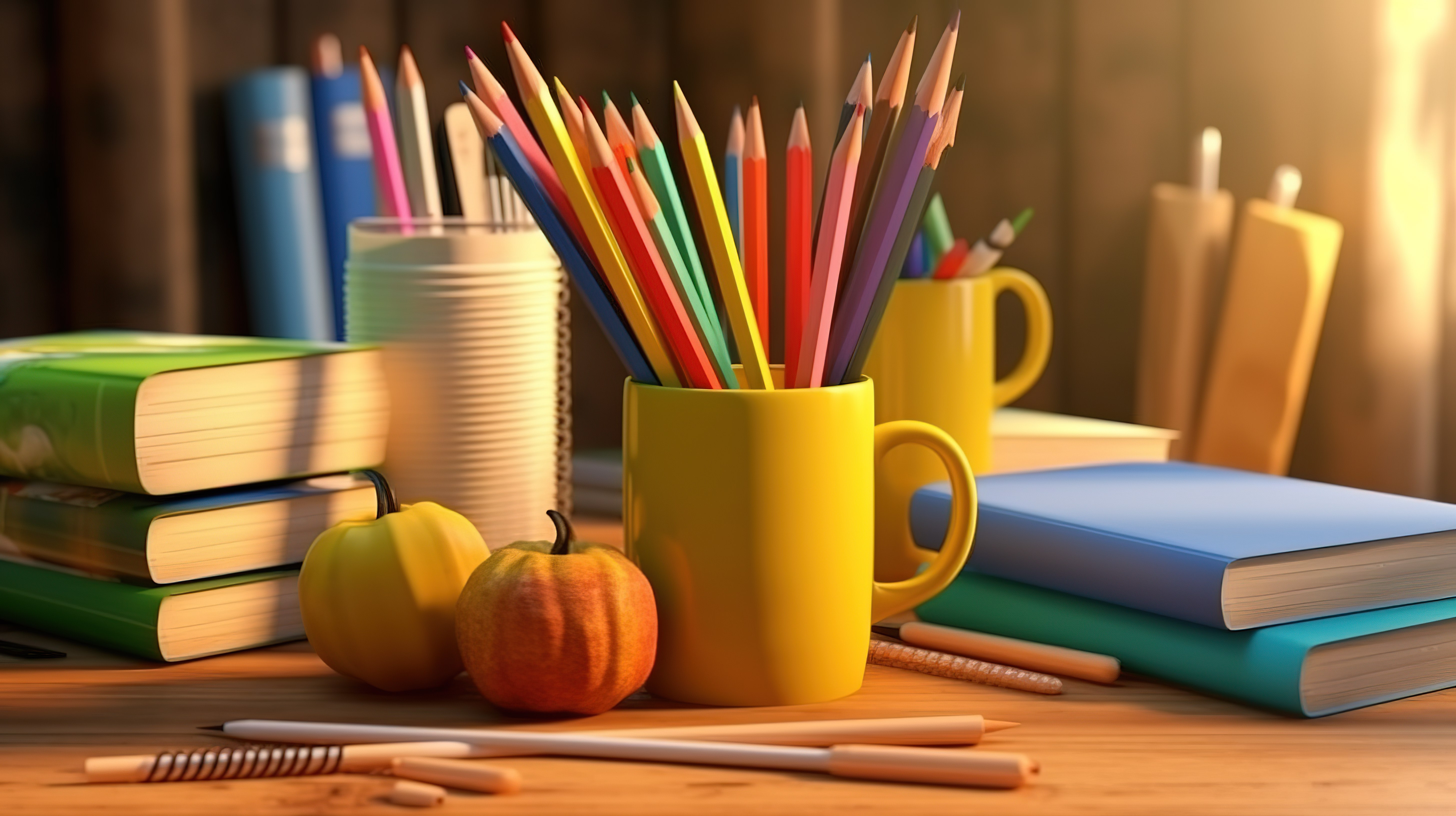 准备学习学校主题场景的 3D 渲染，桌上有书本咖啡和铅笔图片