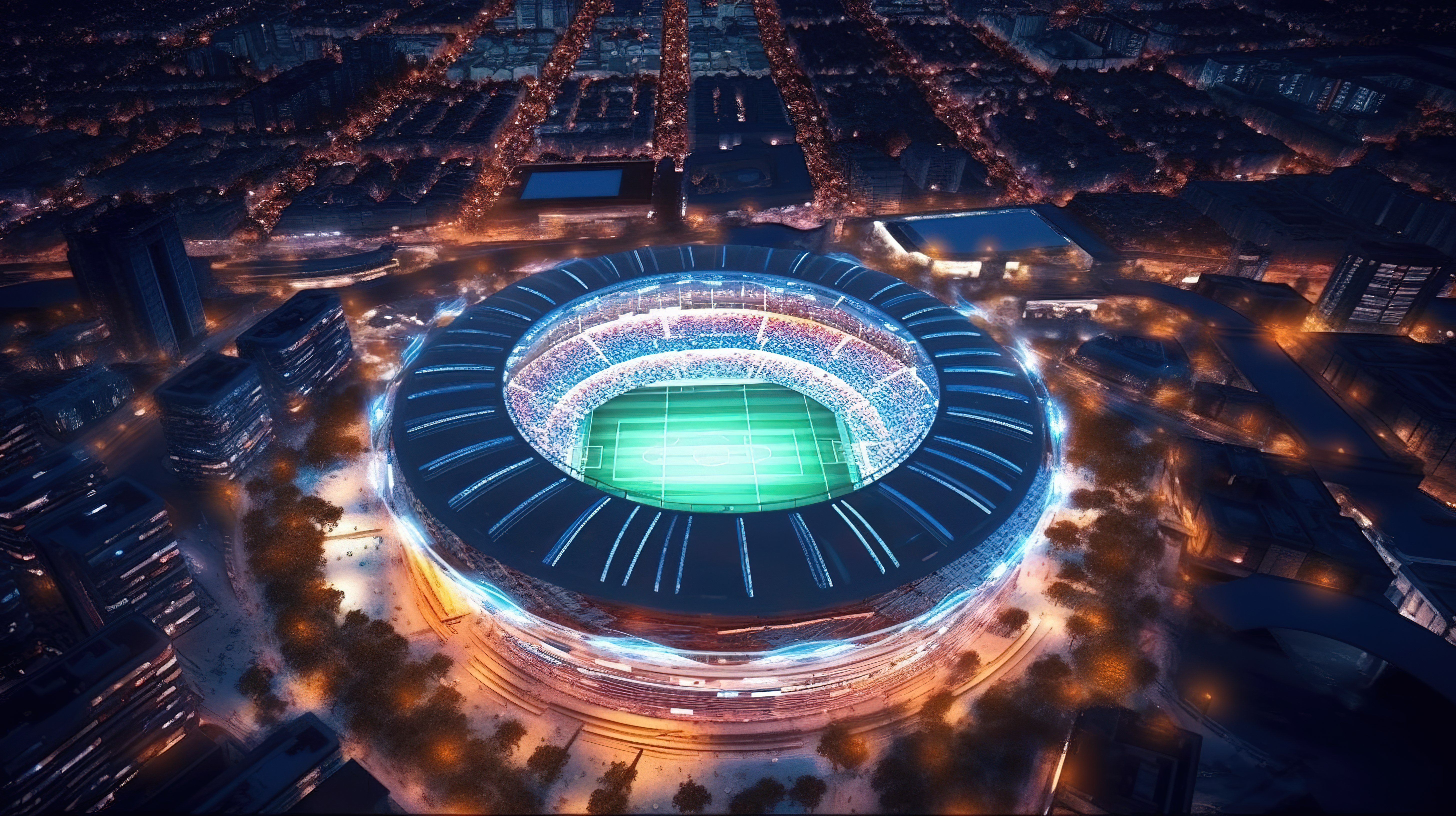 使用 3D 渲染创建的完全照明的足球场的夜间鸟瞰图图片