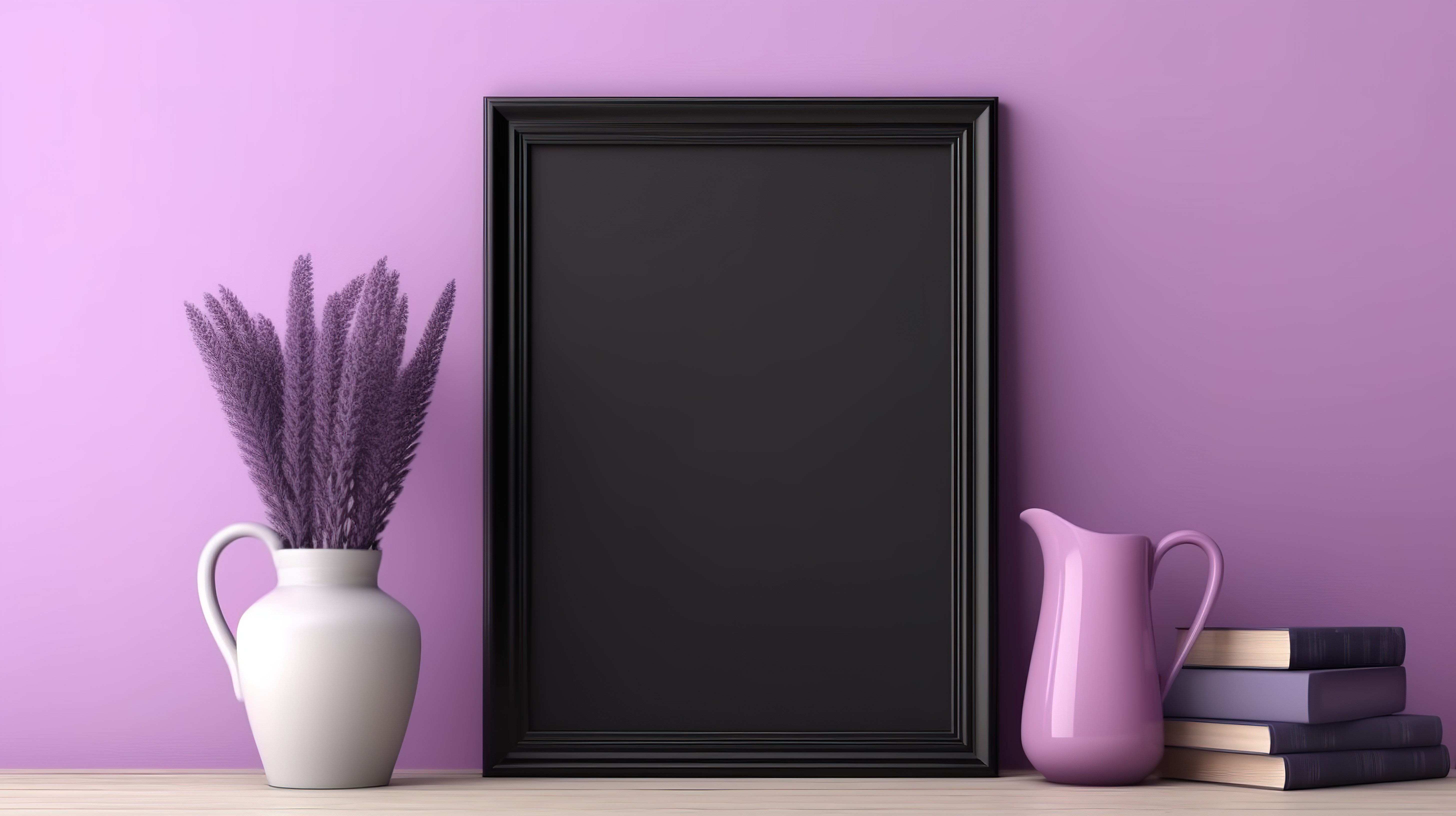 空白样机模板的垂直背景 3D 插图，带有靠在紫色架子上的黑色相框图片