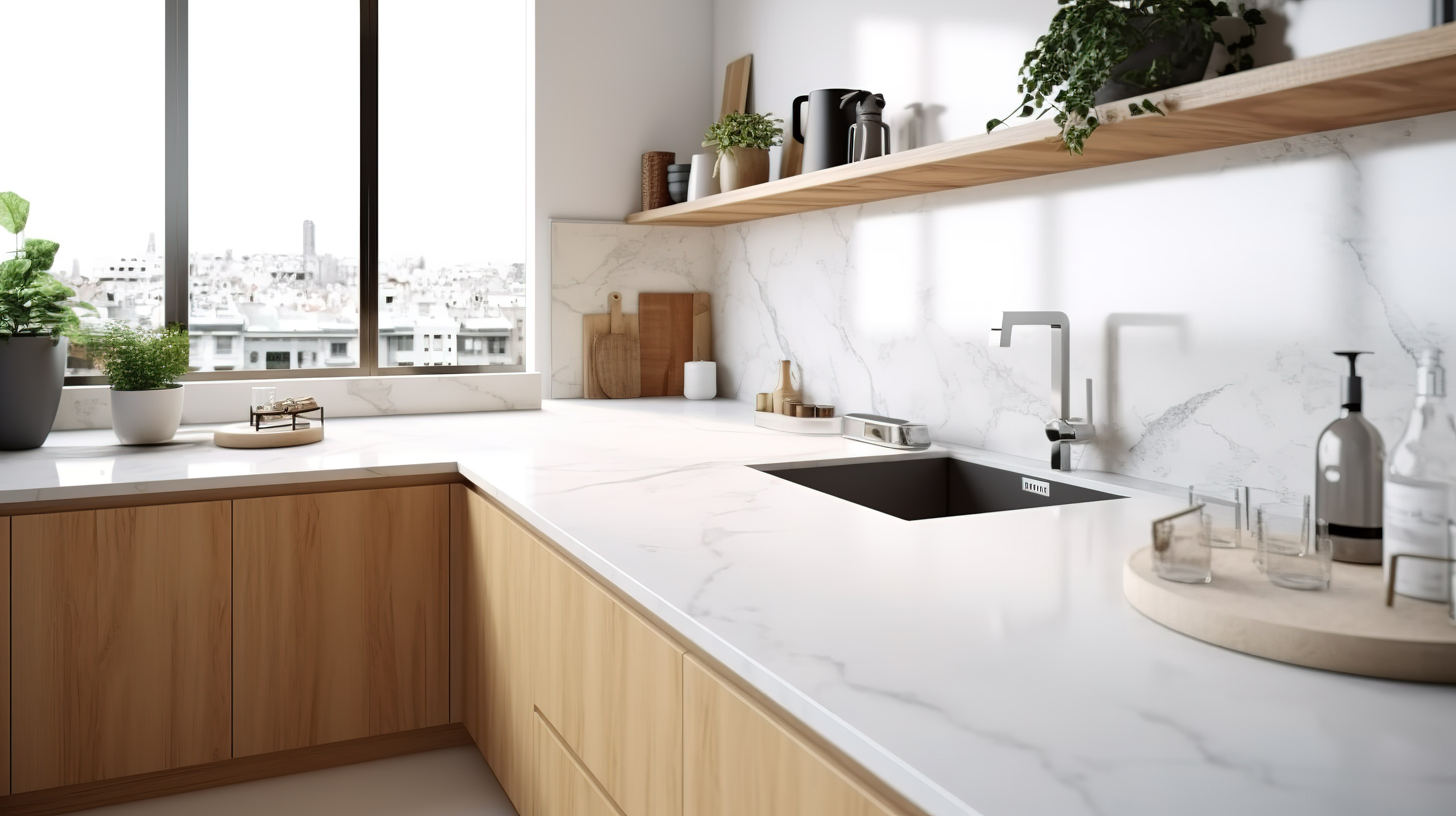现代厨房设计，配有大理石台面白色和木质橱柜水槽和厨具，3D 渲染图片