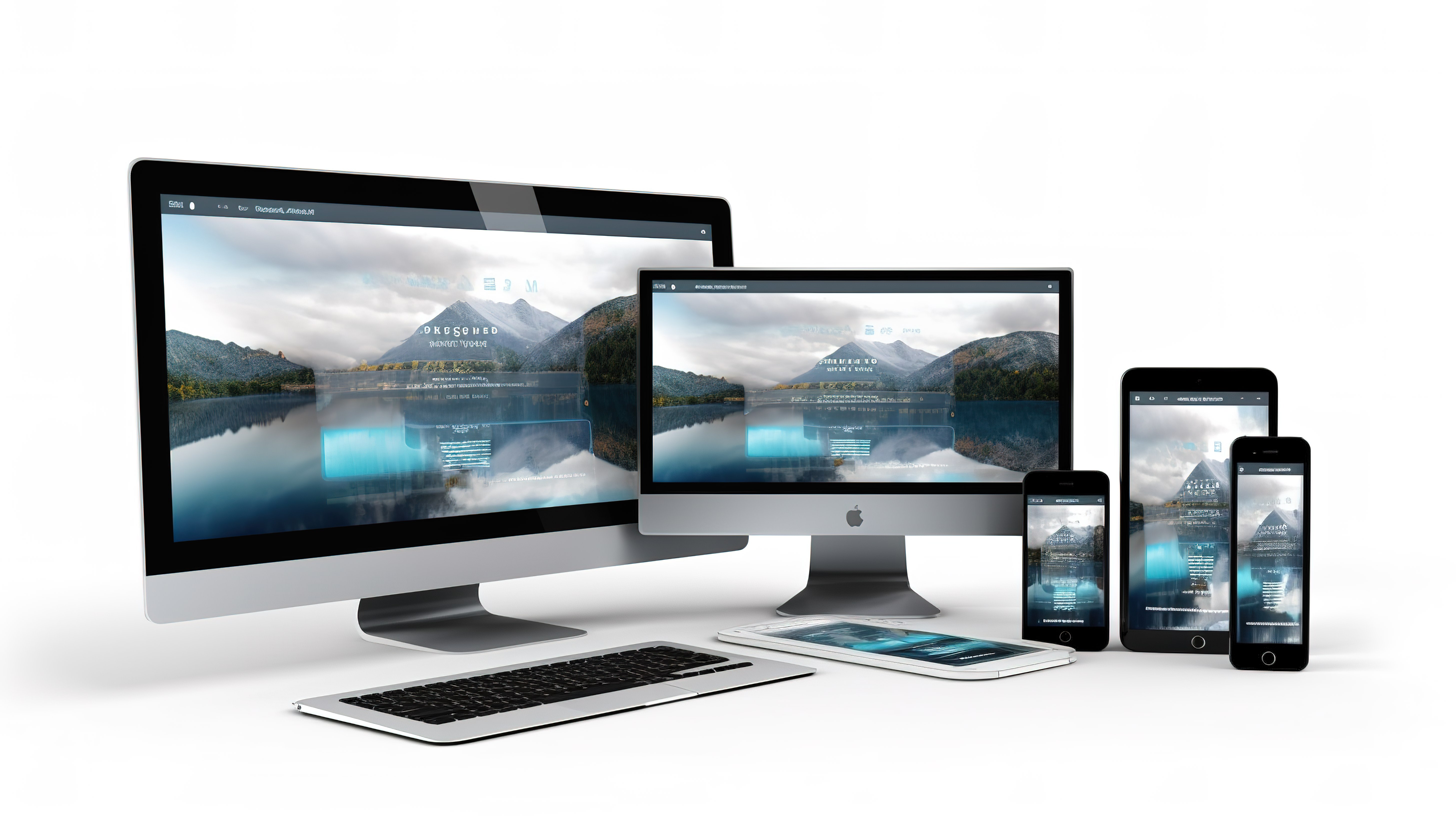 电脑平板电脑和智能手机上显示的白屏在线营销响应网站的 3D 渲染图片