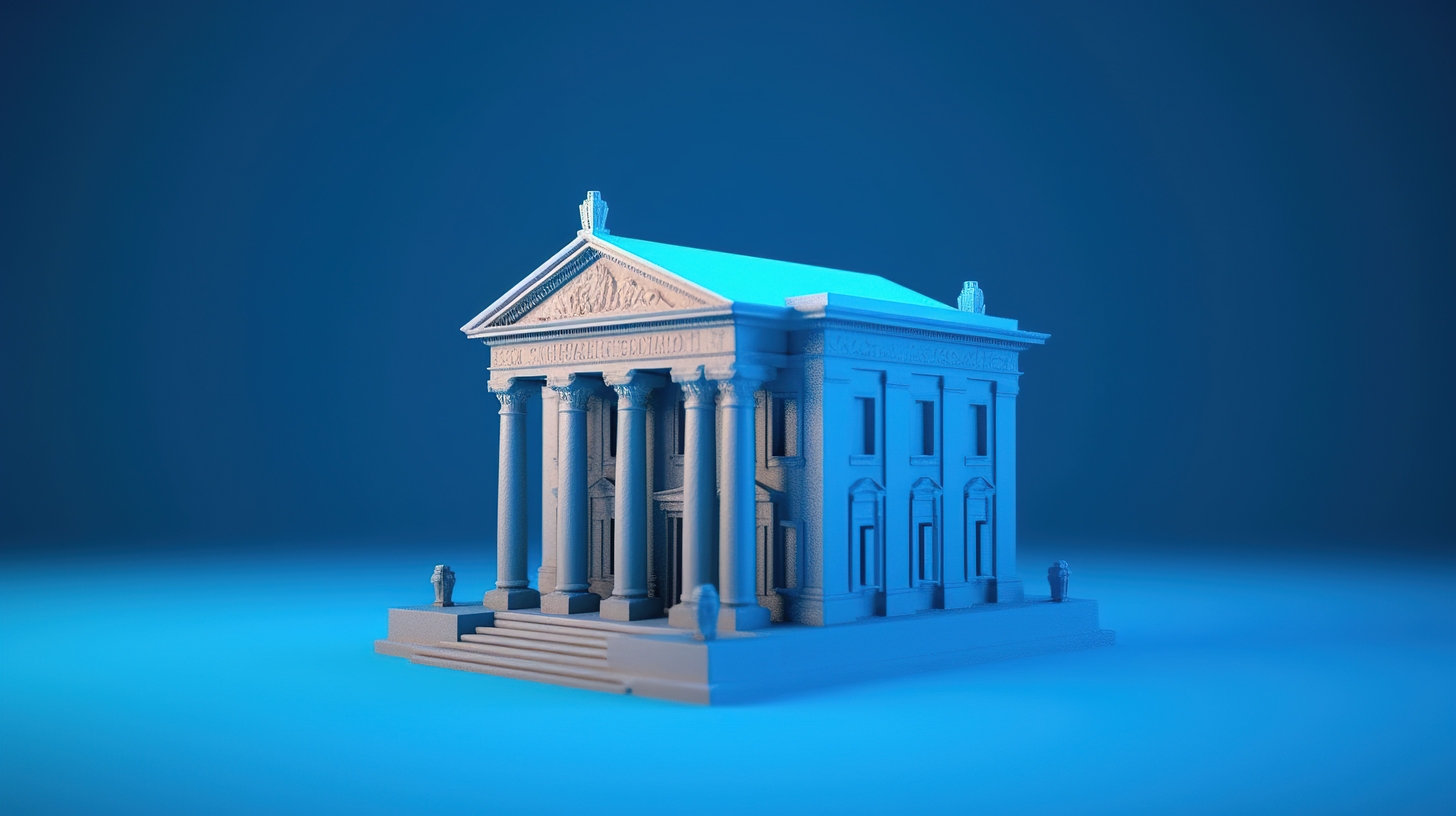 蓝色背景上隔离的银行大楼的 3D 插图，带有文本空间图片