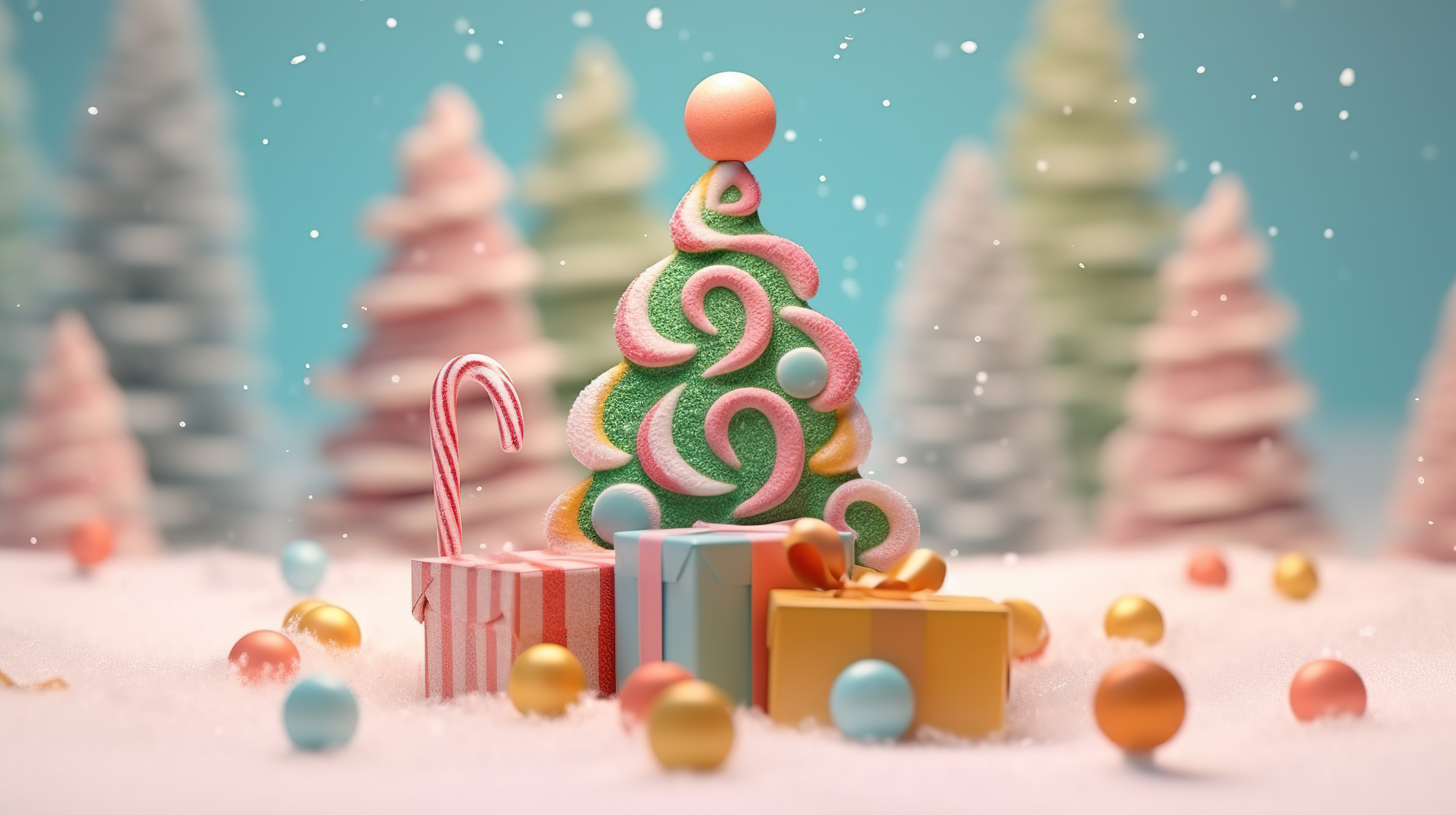 欢乐的节日雪圣诞树和糖果礼品盒在柔和的色调背景 3D 渲染图片