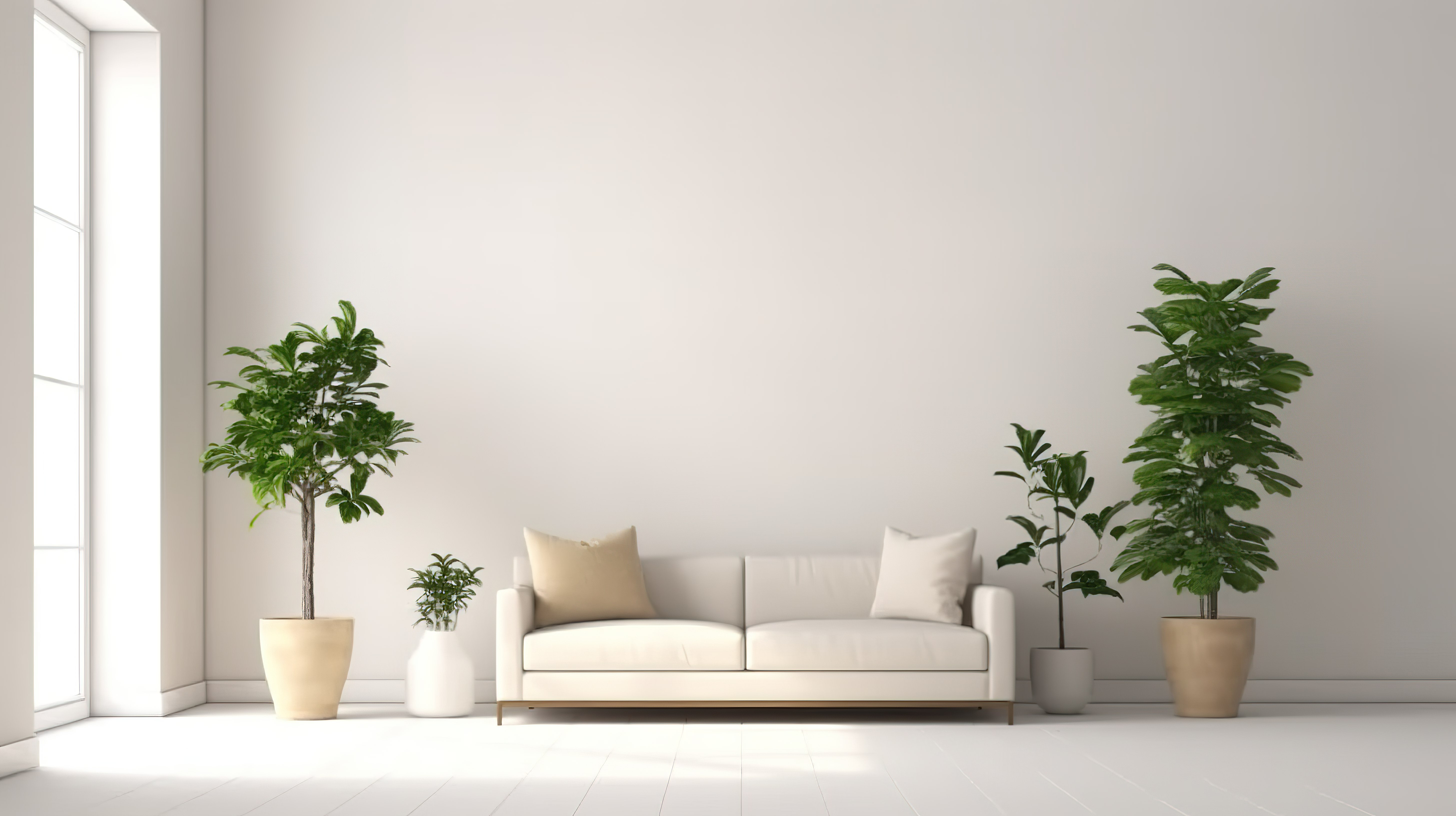 时尚的客厅配有沙发扶手椅白墙和郁郁葱葱的绿色植物 3d 渲染图片