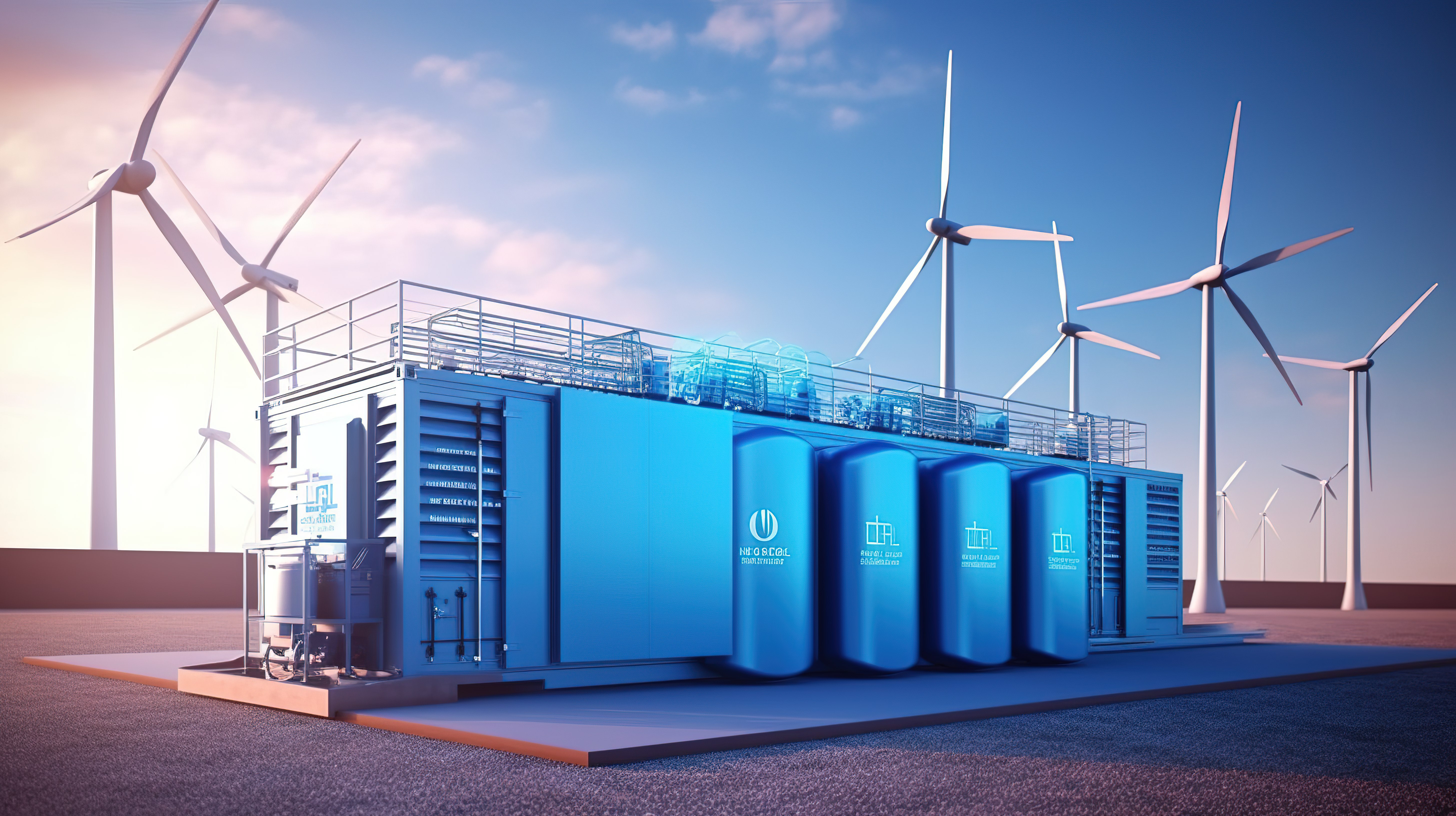 清洁电力设施的 3D 渲染，该设施通过白色背景上的氢气存储可再生能源图片