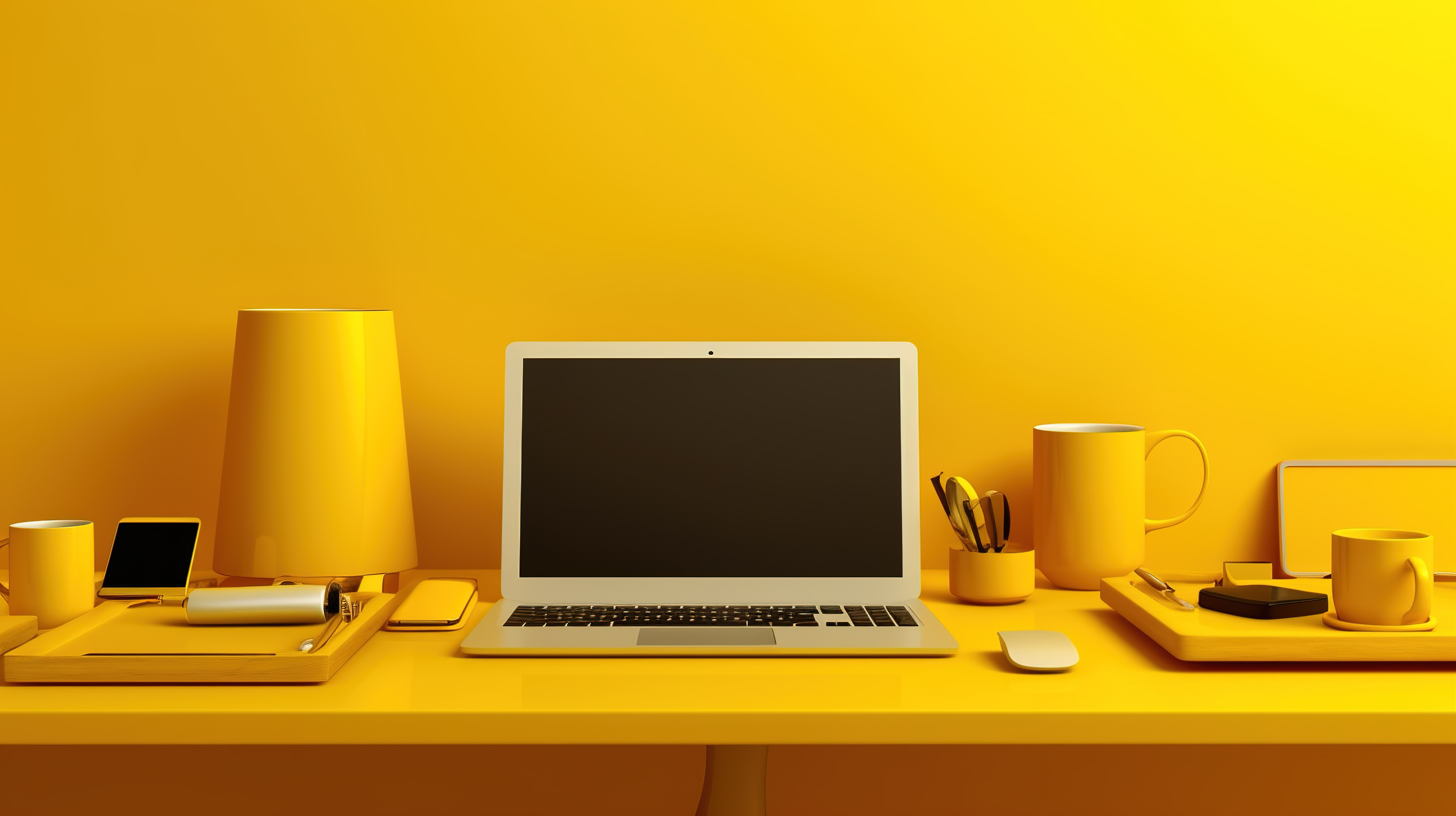 黄色办公桌背景与电脑笔记本电脑手机和数字平板电脑 3D 插图图片