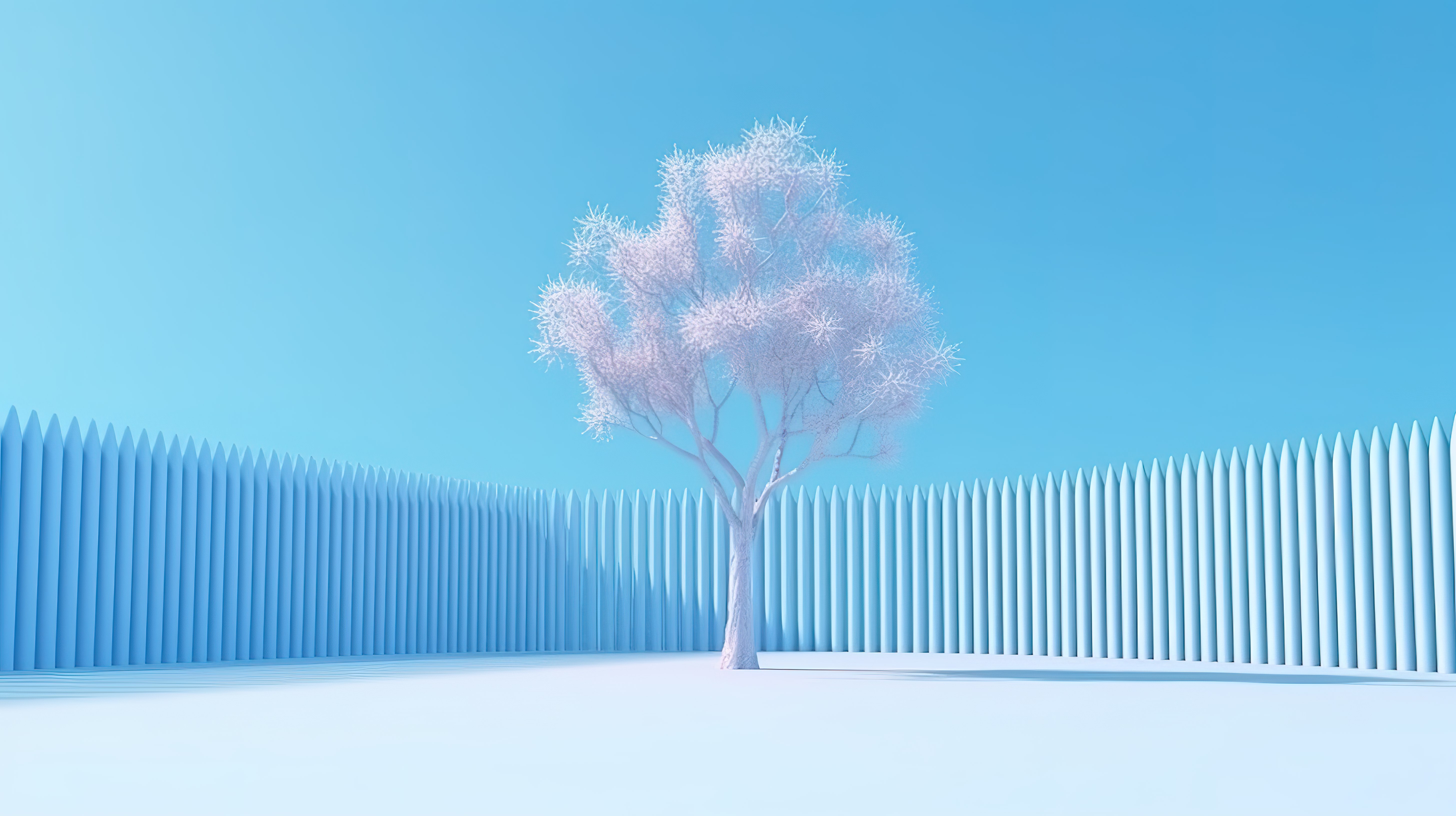 冬季景观的简约 3D 渲染，具有蓝树雪栅栏和抽象卡通风格图片