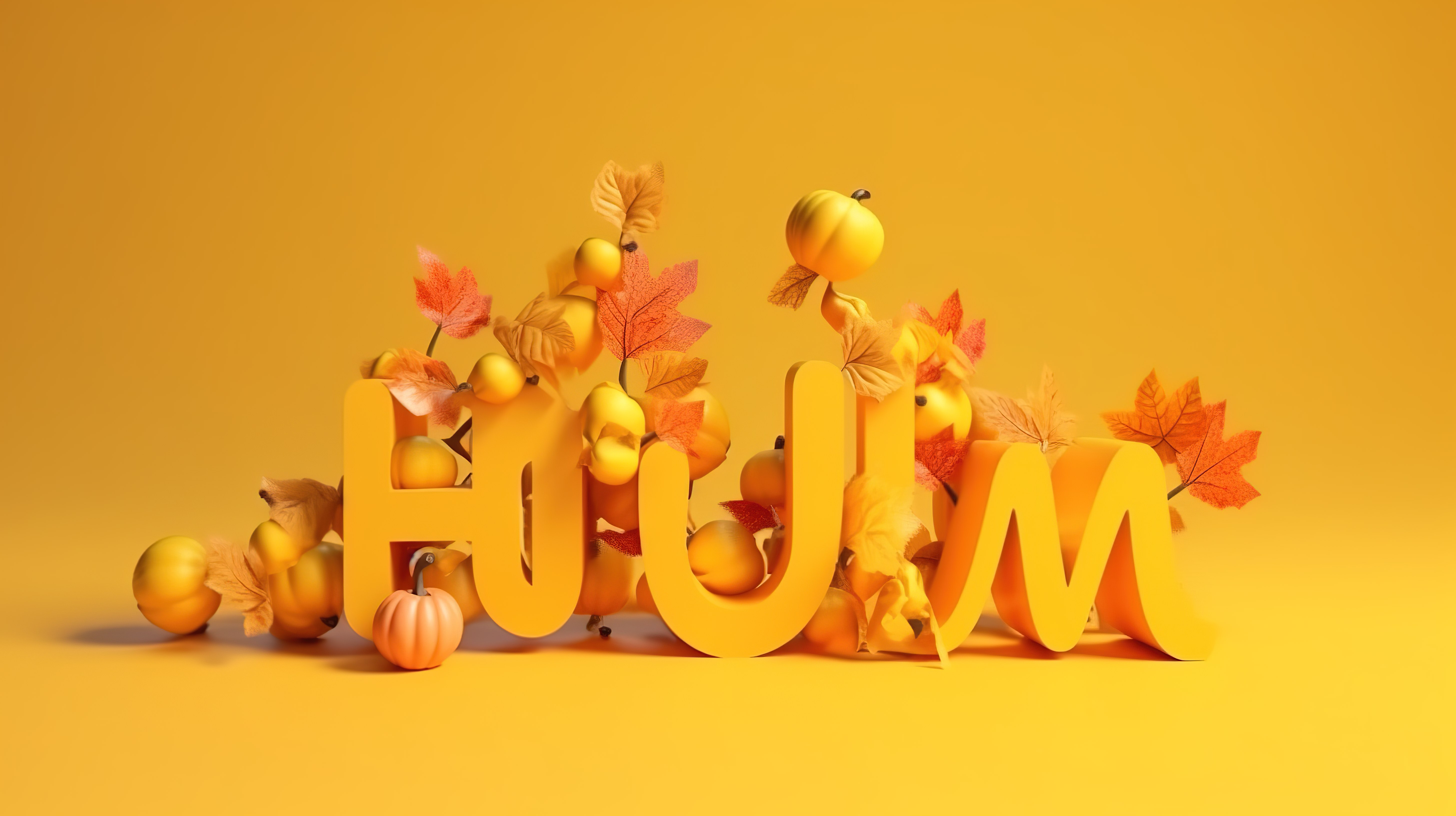 充满活力的黄色背景的 3D 渲染，带有问候“你好秋天”图片