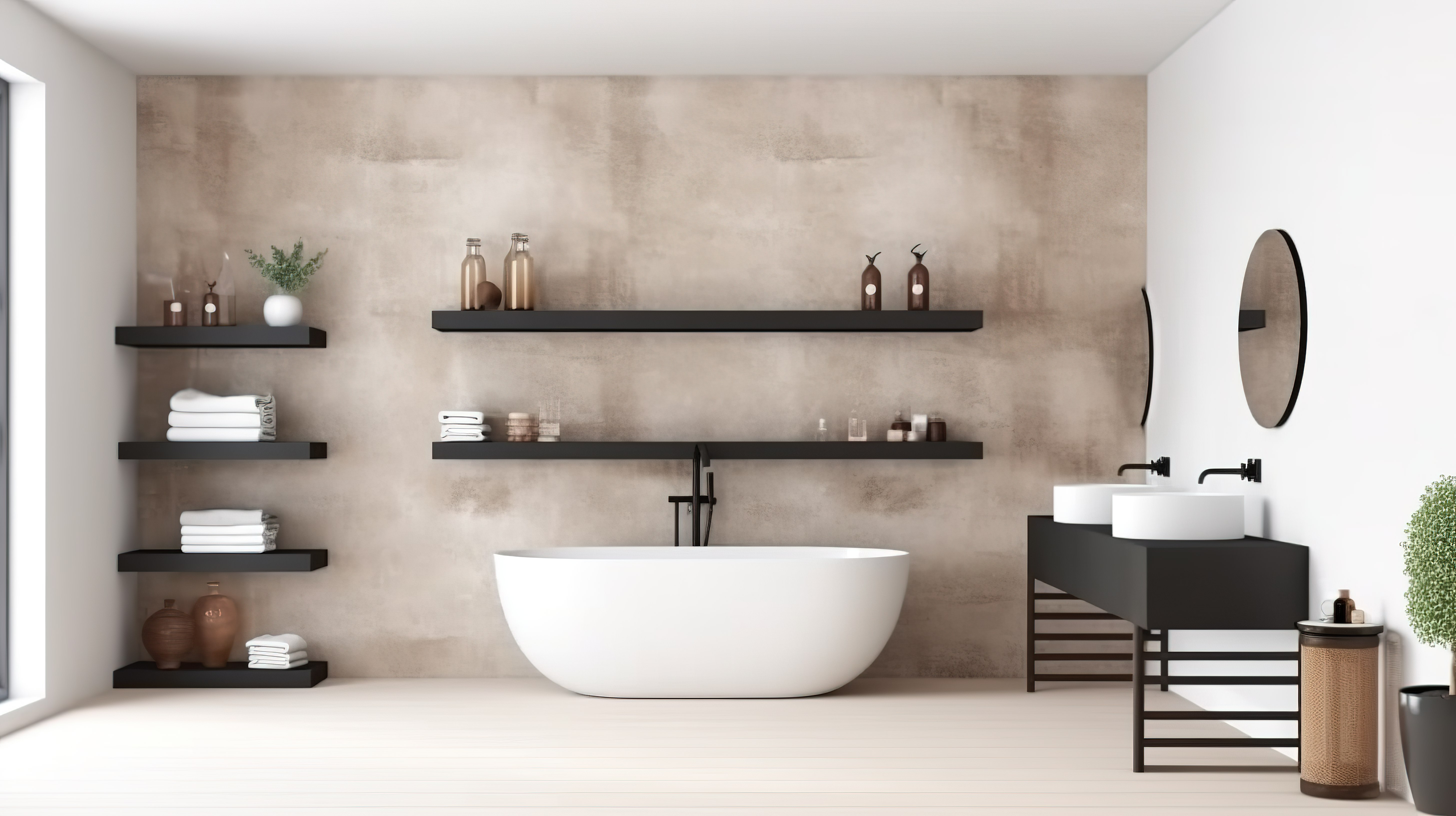 3D 渲染简约而优雅的浴室，配有浴缸和时尚的石膏墙架，装饰有装饰品和浴室配件图片