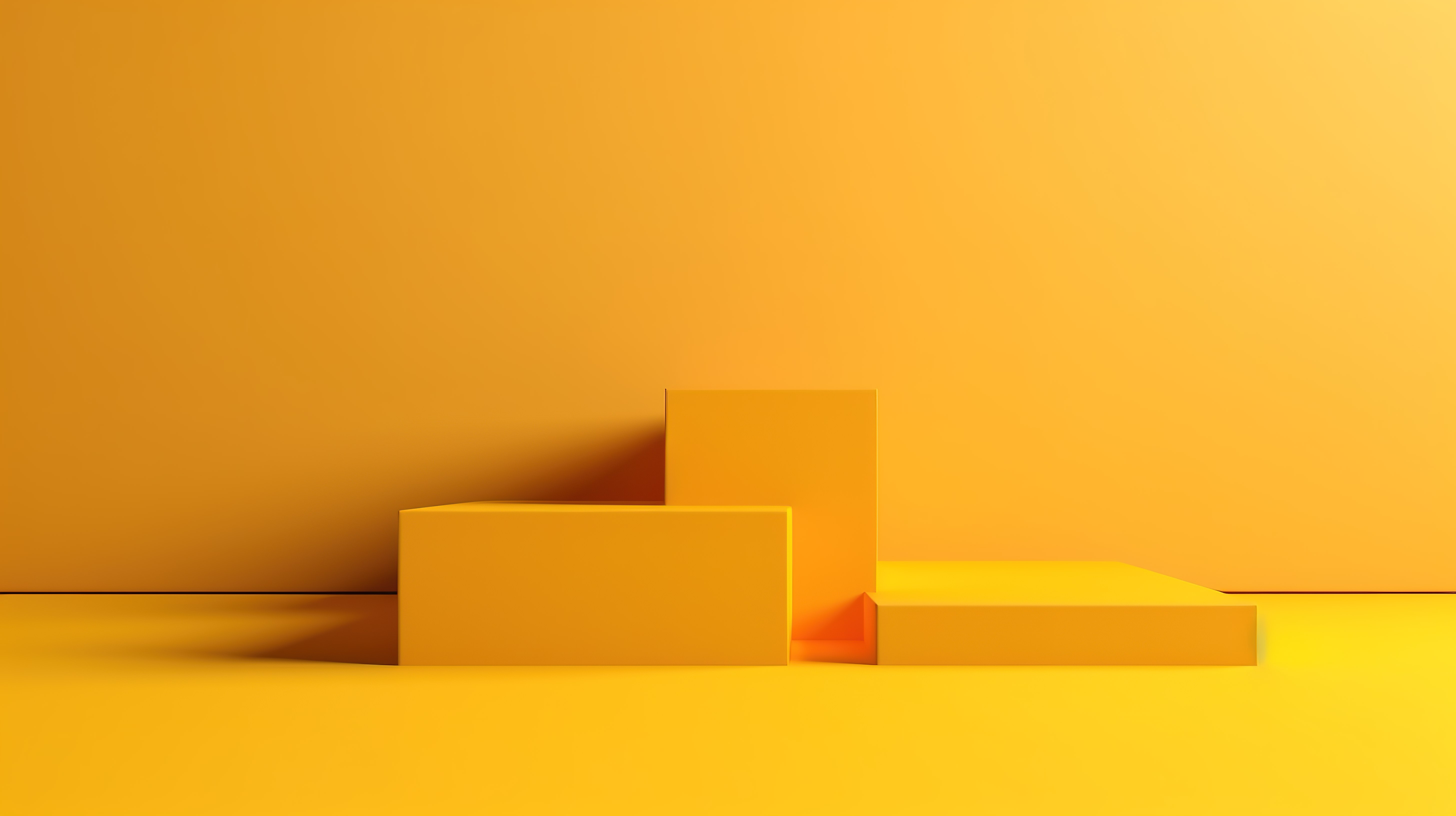 黄色背景上最干净的几何讲台的简单性，用于在 3D 渲染中展示产品概念图片