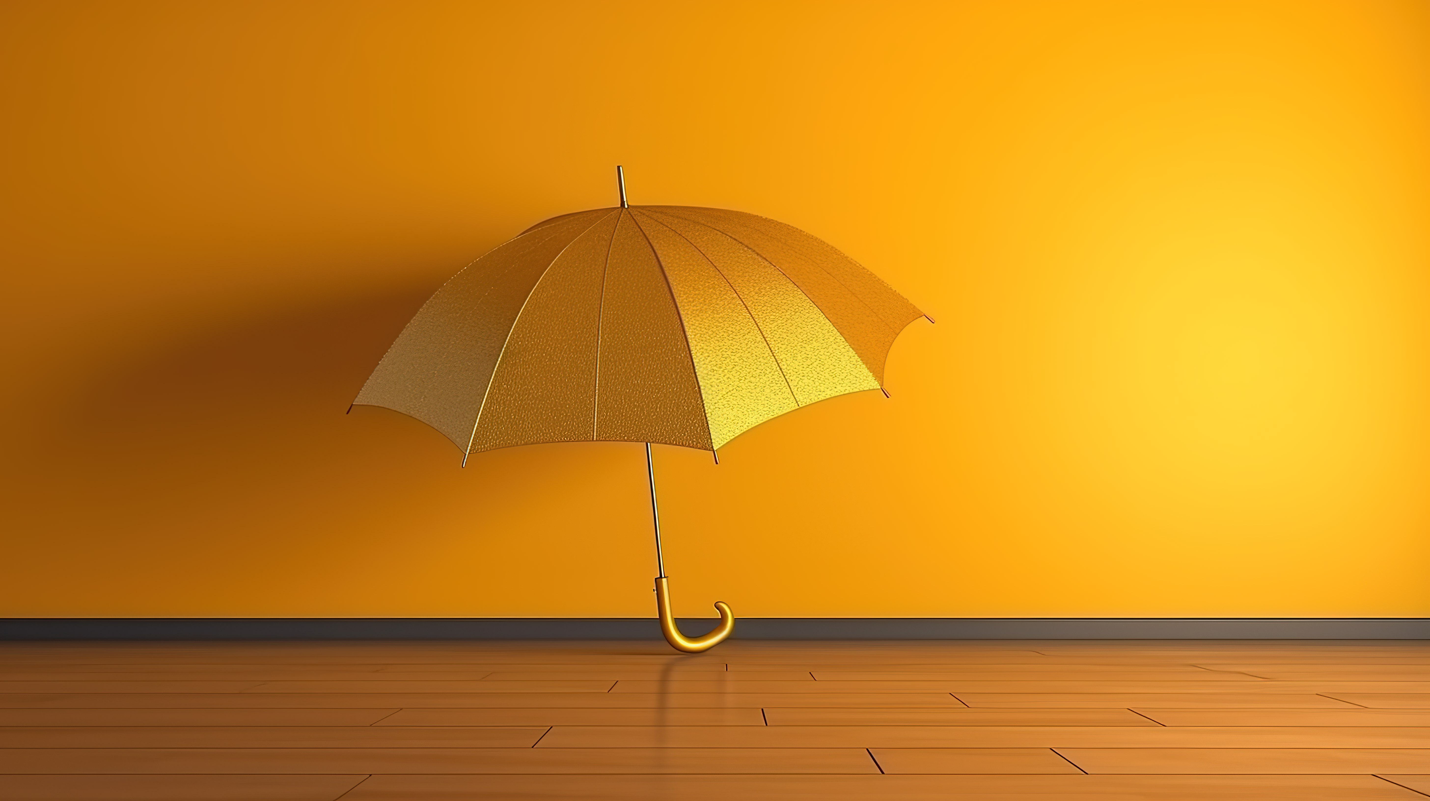 地面背景上逼真的黄色雨伞的 3D 渲染图片