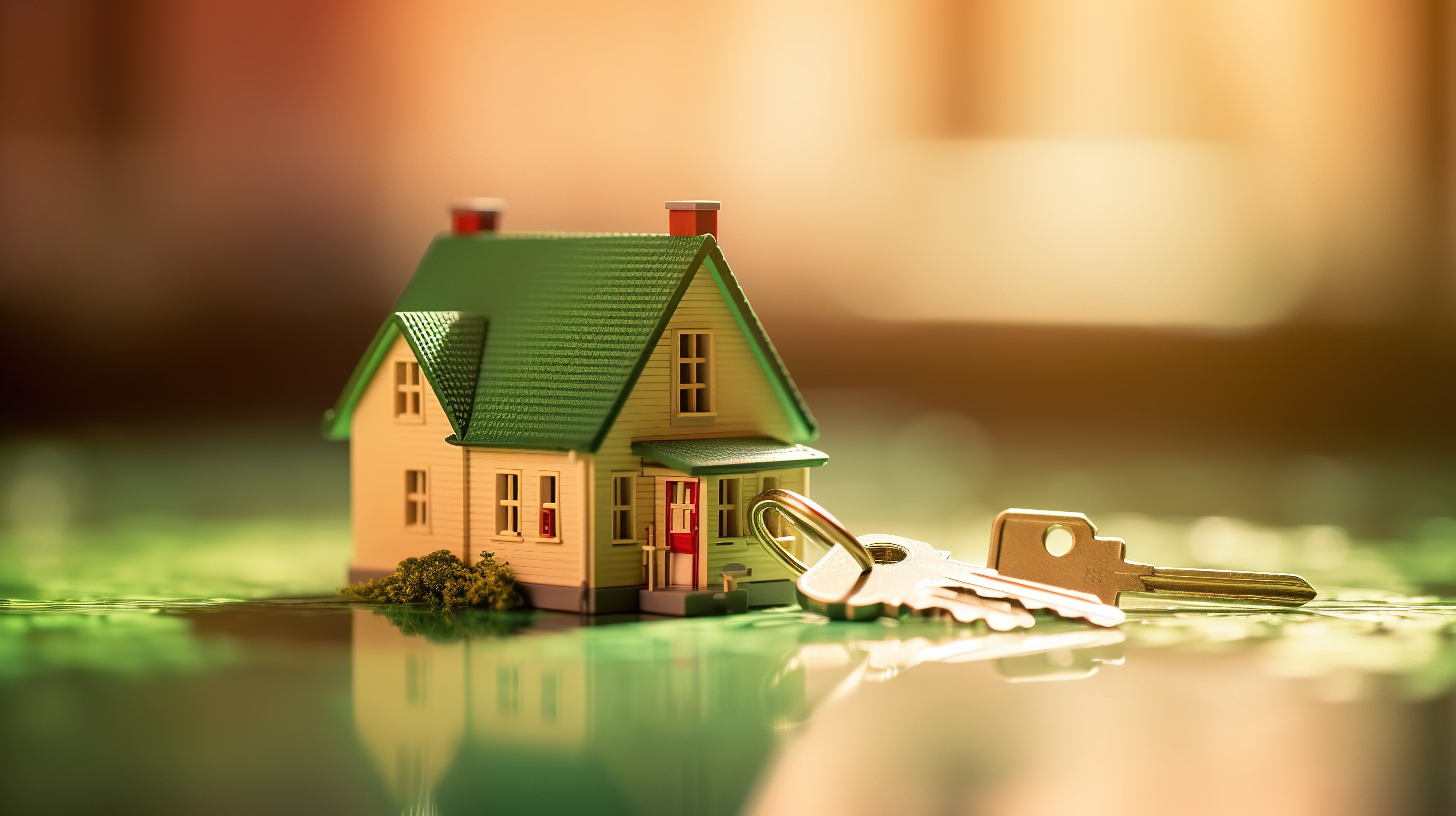 投资房产抵押房地产概念 3D 渲染房屋形状的钥匙和房屋模型图片