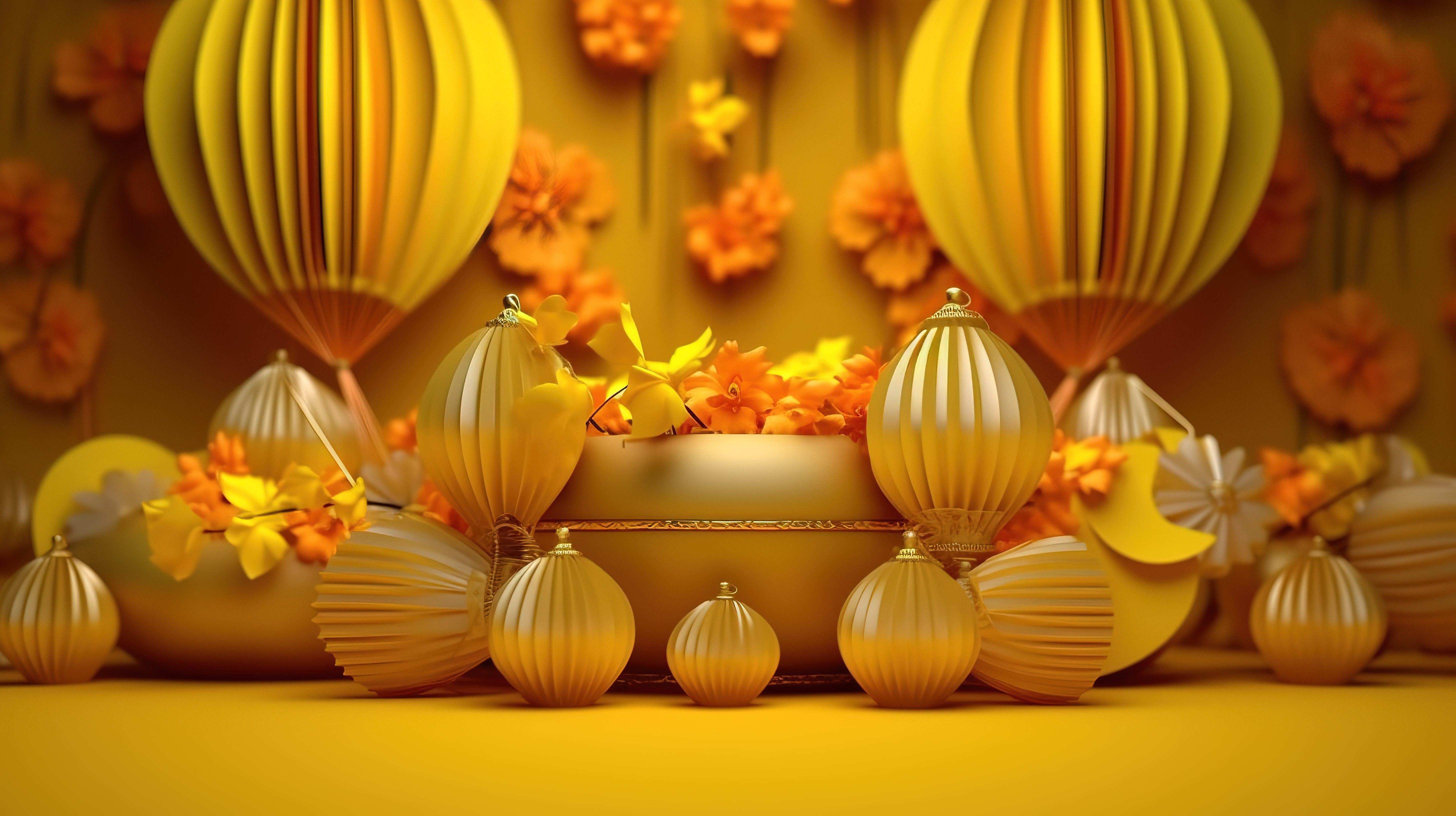 中国新年装饰品的 3D 渲染充满活力的黄色灯笼和风扇图片