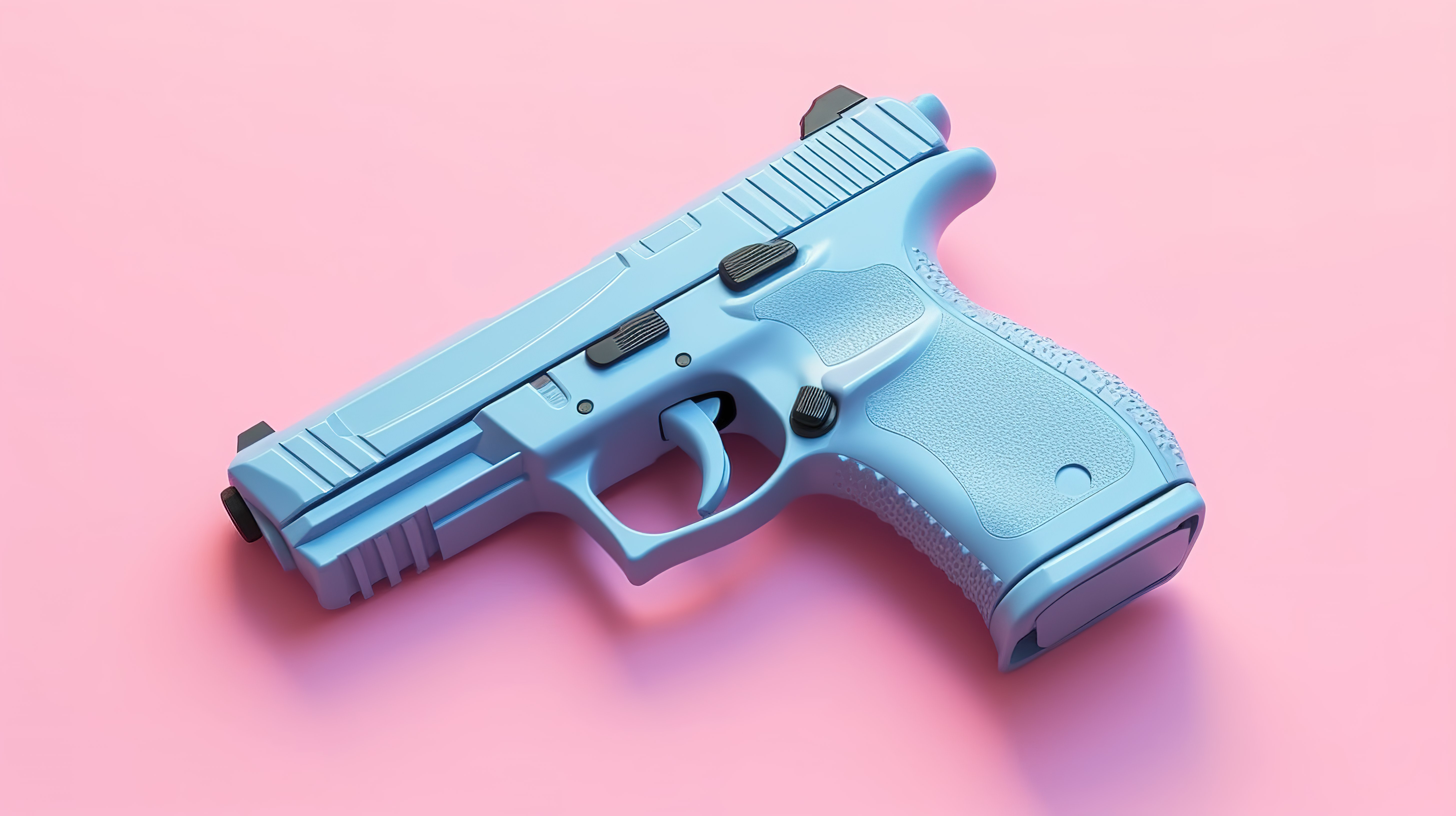 在充满活力的粉红色背景下，醒目的蓝色警察或军用手枪的 3D 渲染图片