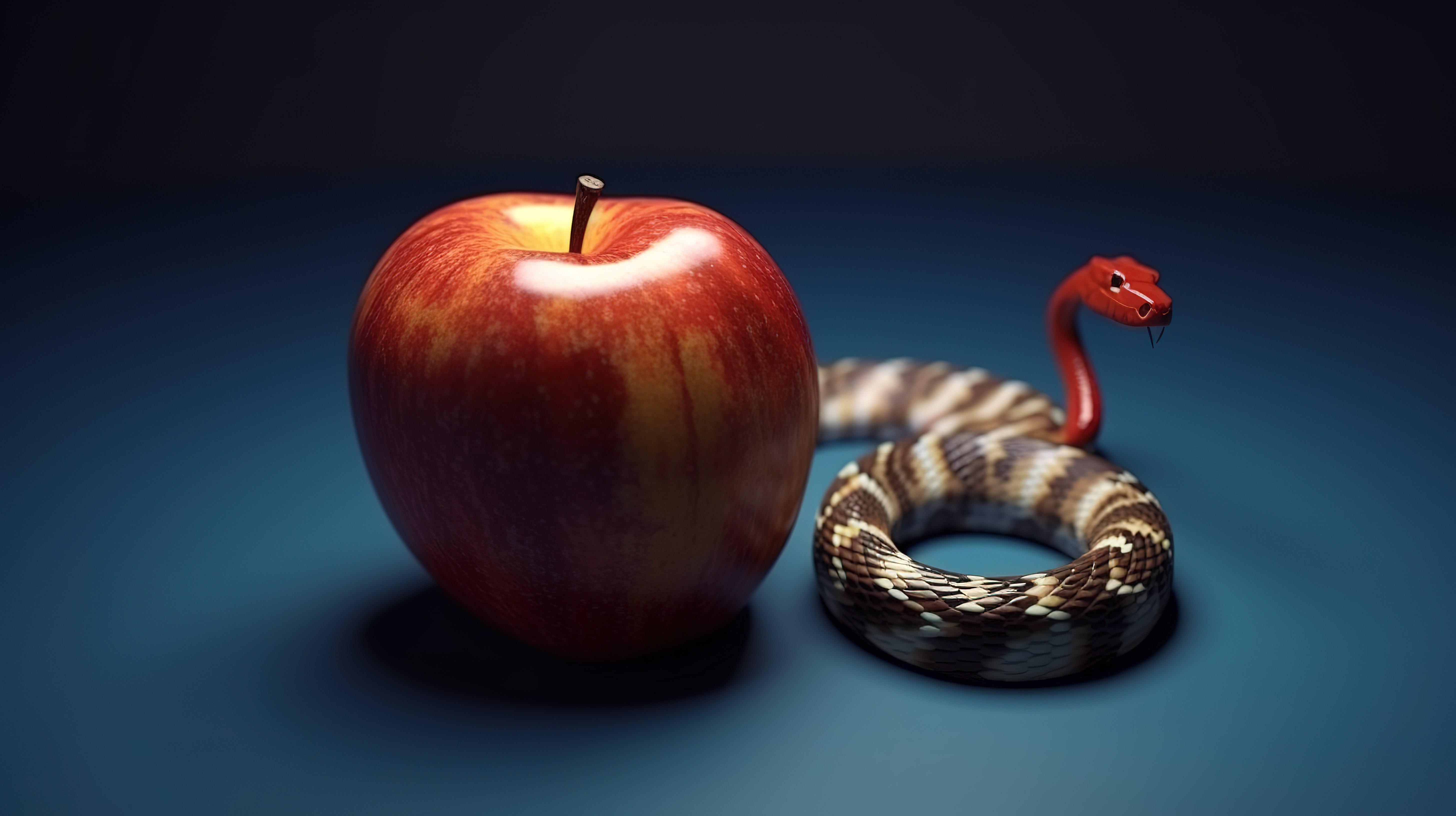 一个苹果和一条蜿蜒的蛇的 3D 渲染图片