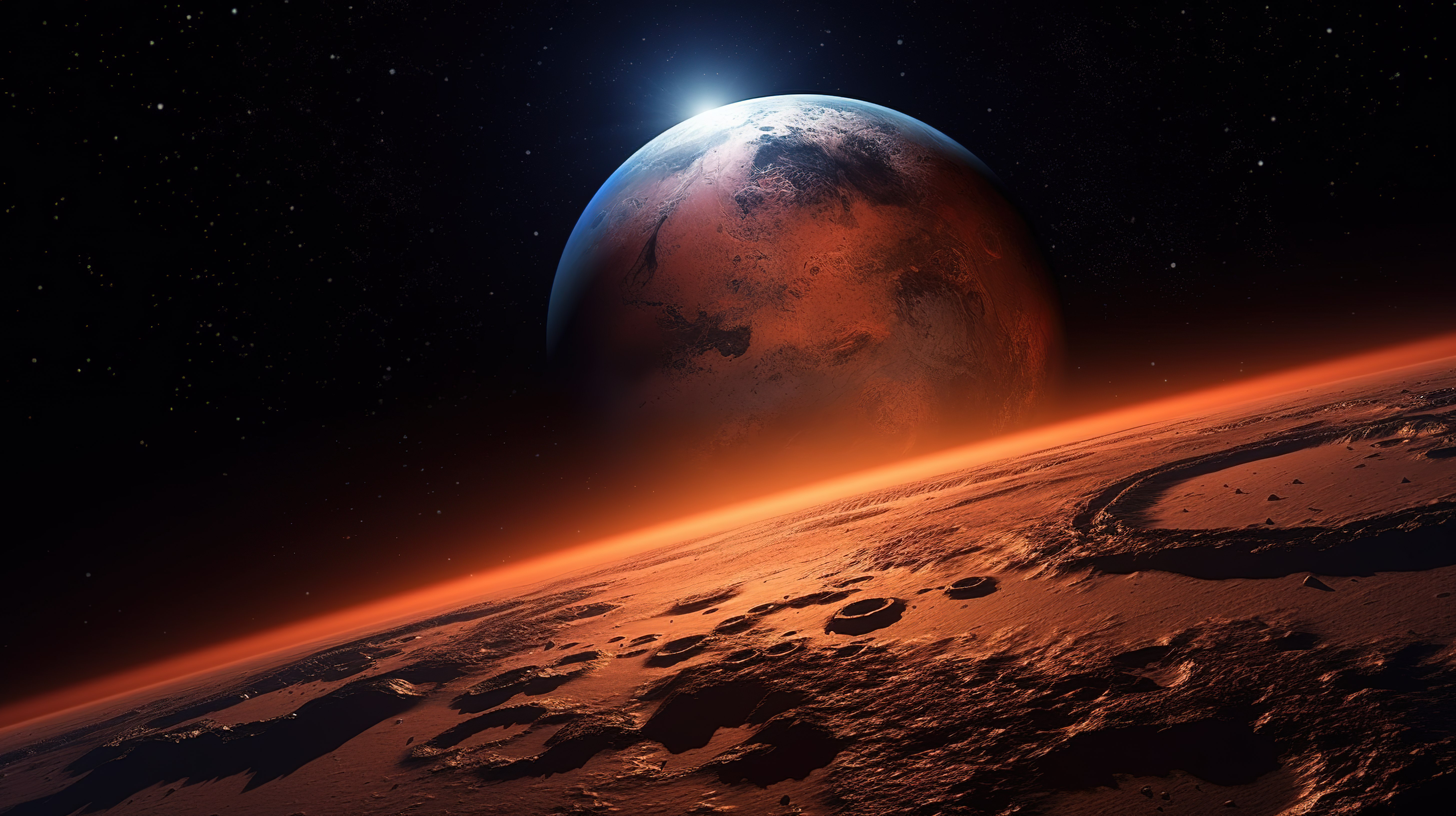 太阳系中太阳升起的火星行星的真实夜景 3D 渲染图片