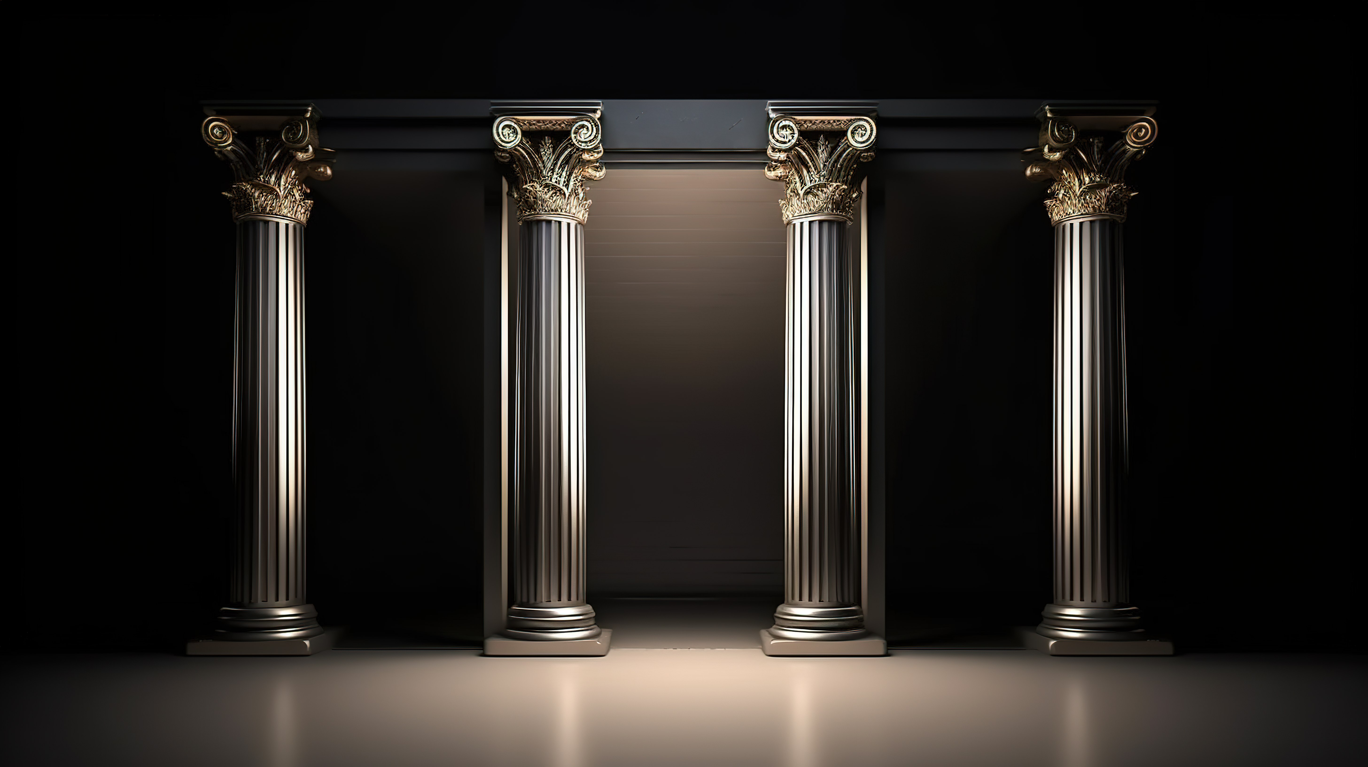 优雅的 3D 渲染有光泽的黑色门口，配有经典的柱子和辉煌的讲台图片