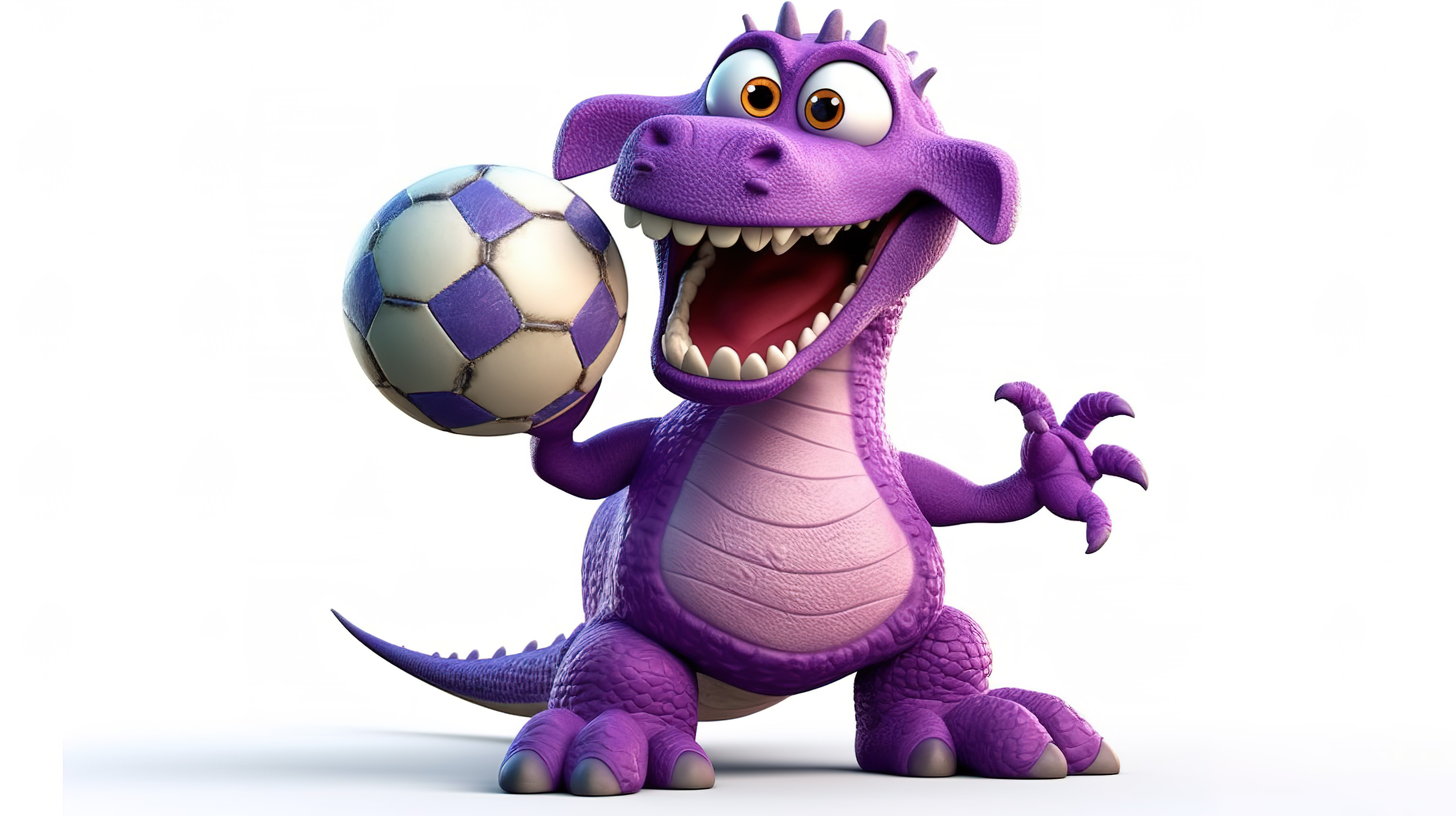 有趣的紫色恐龙 3d 模型，手里拿着足球图片